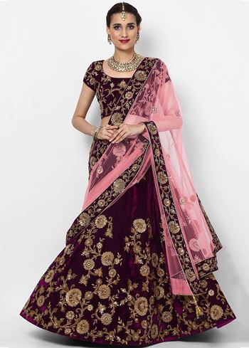 Purple Embroidered Velvet Bridal Lehenga Choli With Baby Pink Dupatta