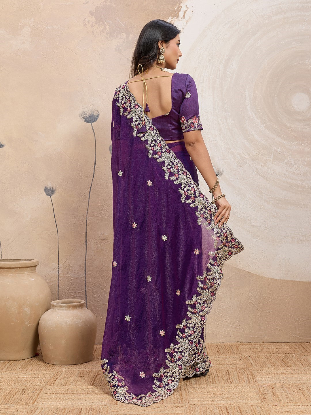 Purple Fendy Chiffon Saree With Embroidery Designer Festive Saree
