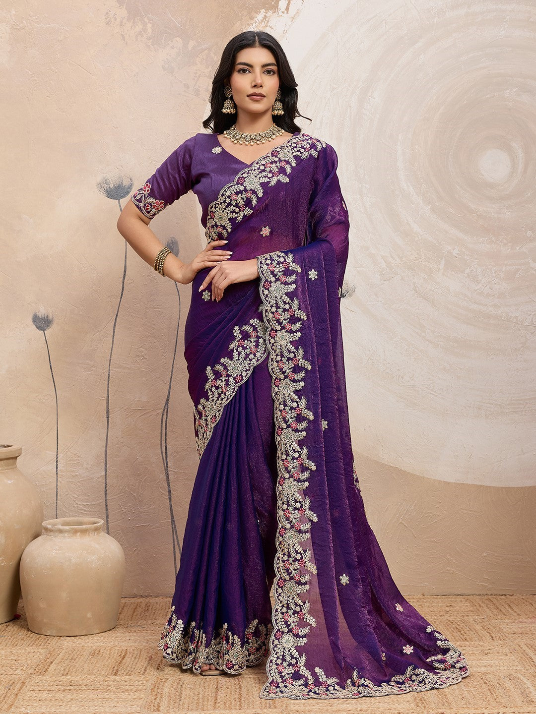 Purple Fendy Chiffon Saree With Embroidery Designer Festive Saree