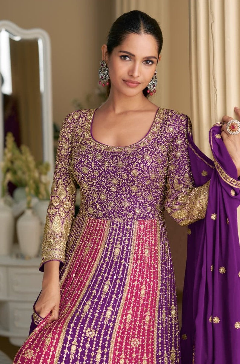 Purple Georgette Designer Suit Set With Intricate Embroidery
