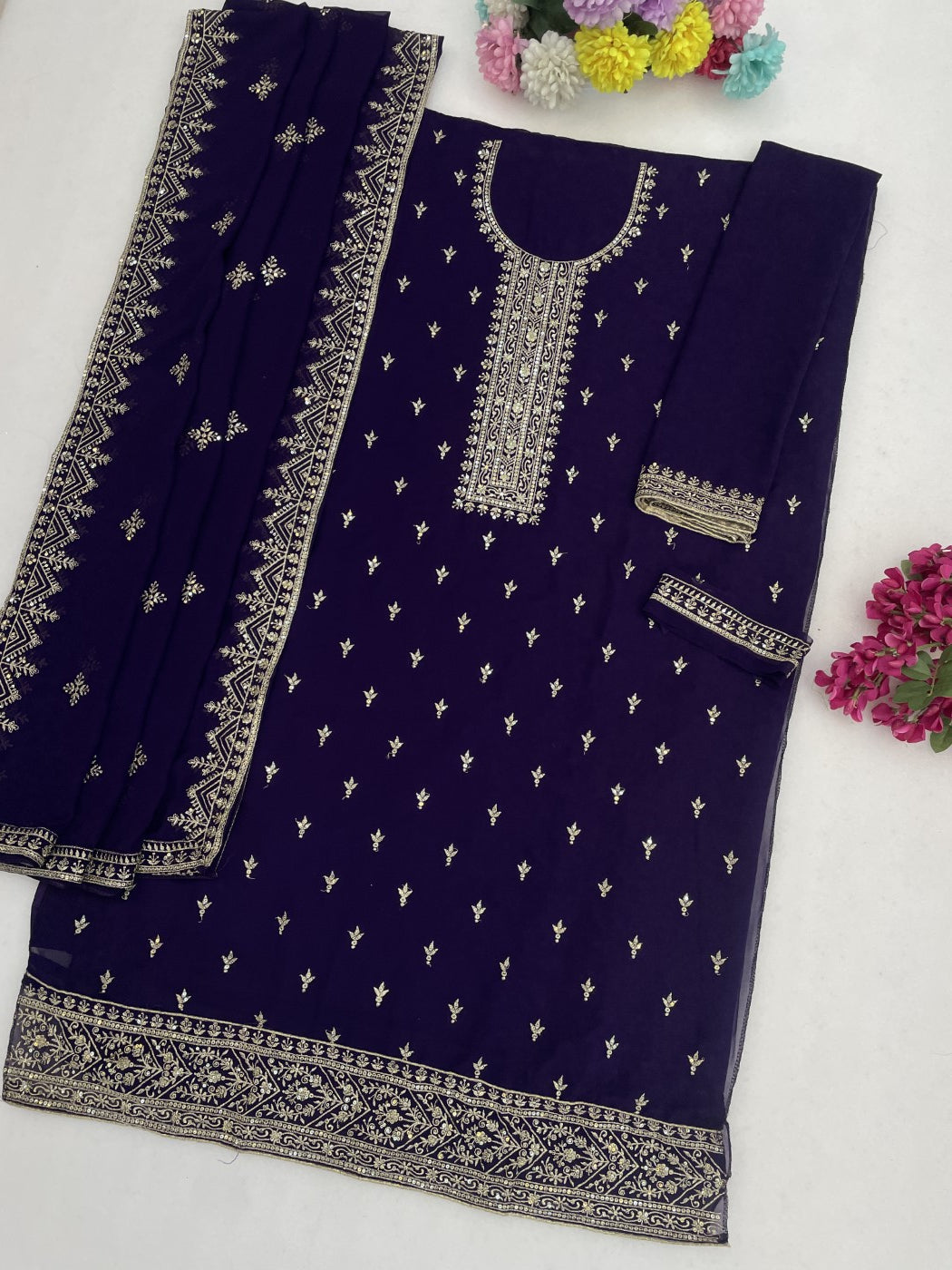 Purple Georgette Designer Suit Set With Intricate Embroidery