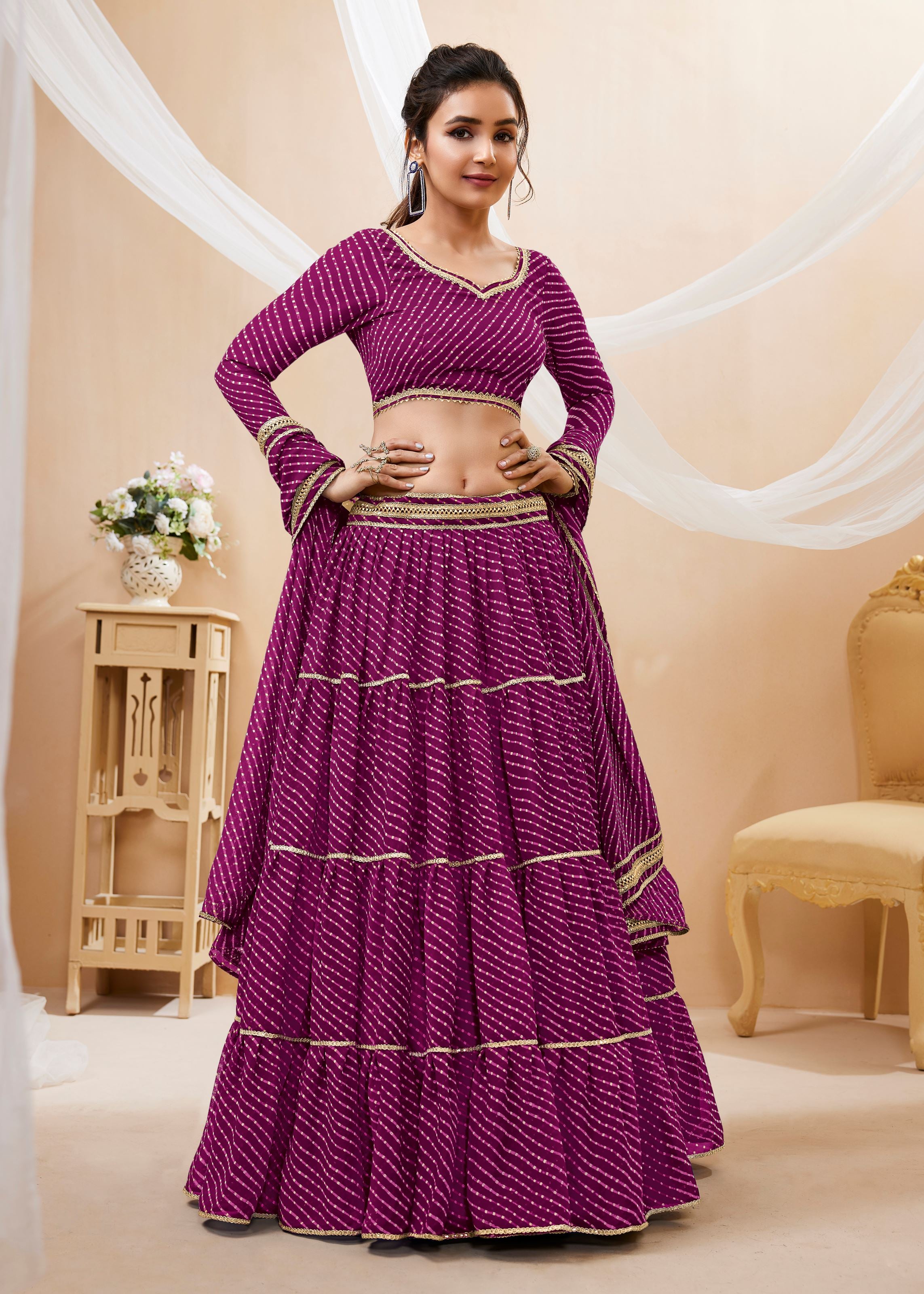 Purple Georgette Lehenga Choli With Georgette Leheriya Printed with lace all over work