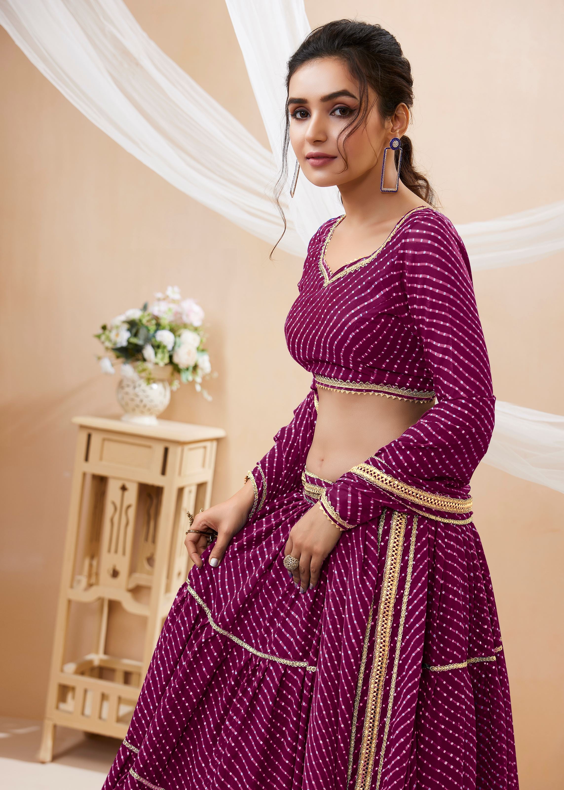 Purple Georgette Lehenga Choli With Georgette Leheriya Printed with lace all over work