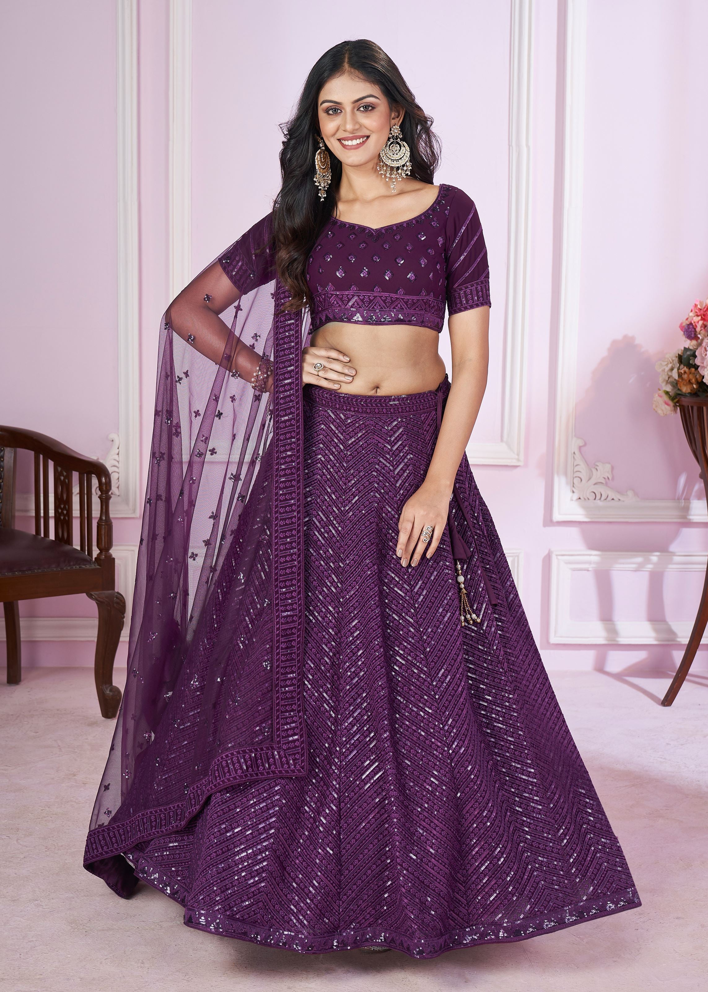 Purple Georgette Lehenga Choli With Sequins, Thread Embroidery Work