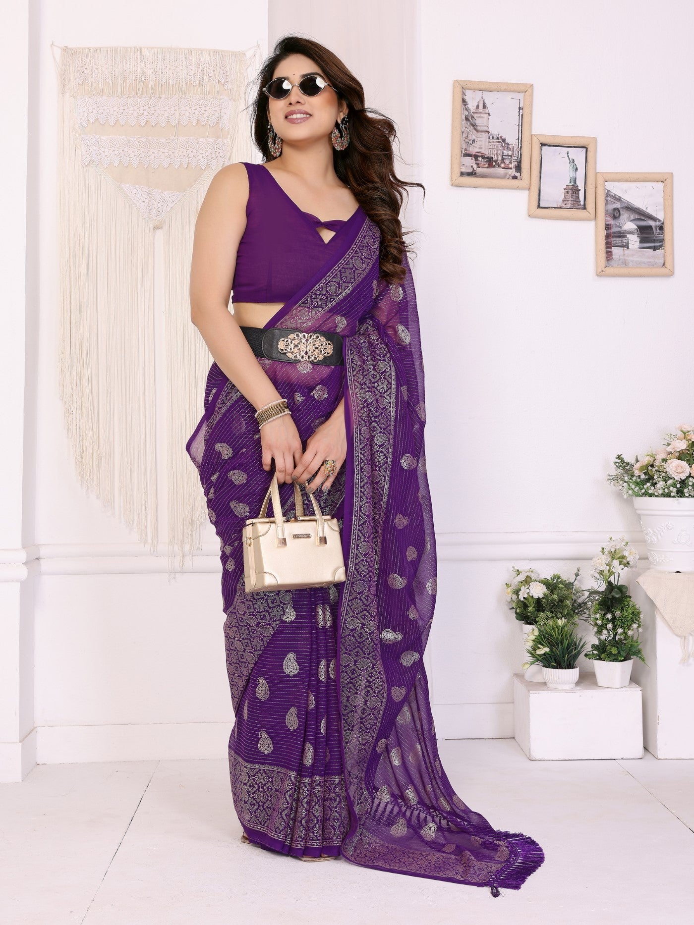 Purple Georgette Saree With Foil Work And Designer Lace Border