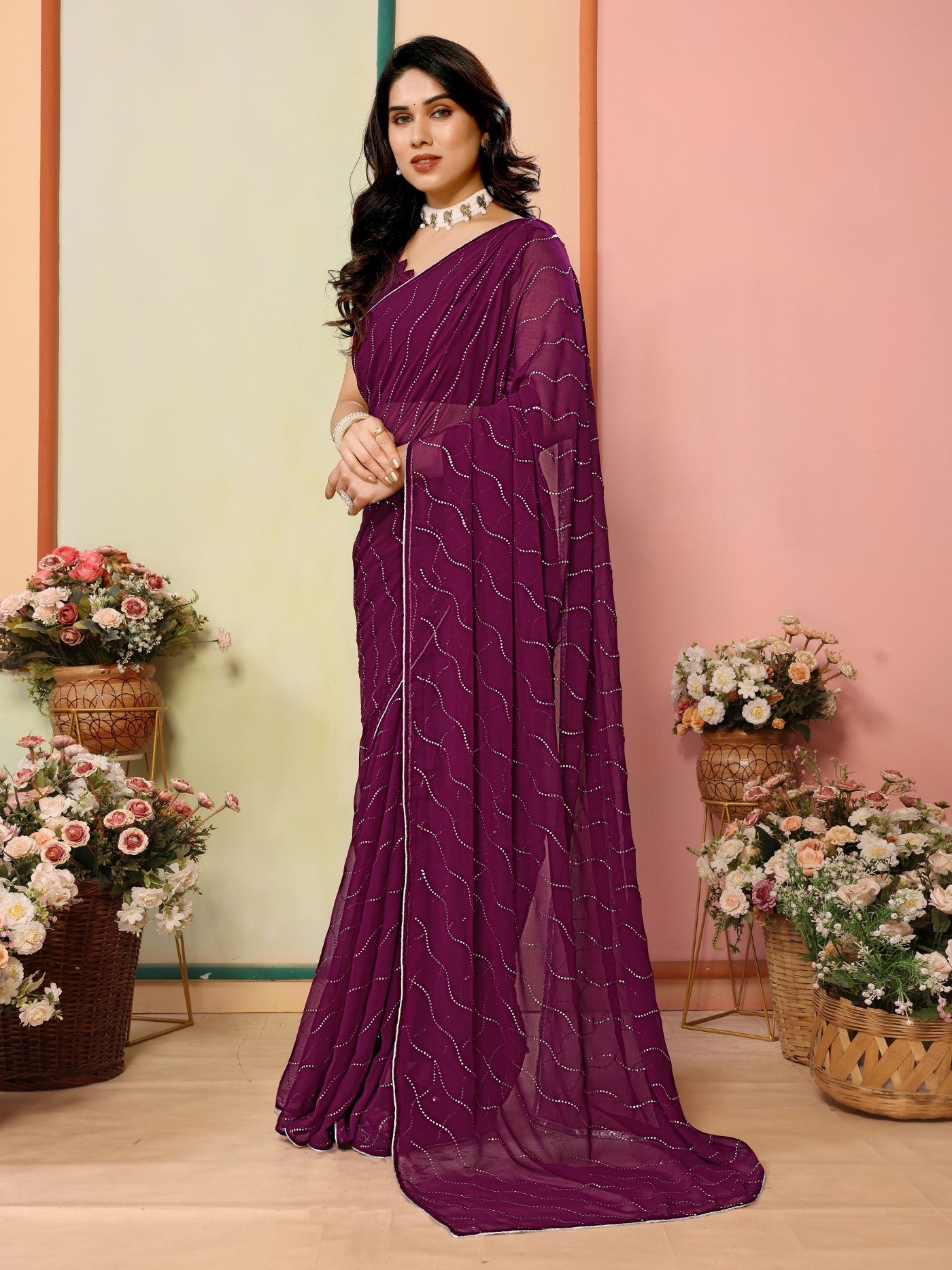 Purple Georgette Saree With Mukesh Work Saree