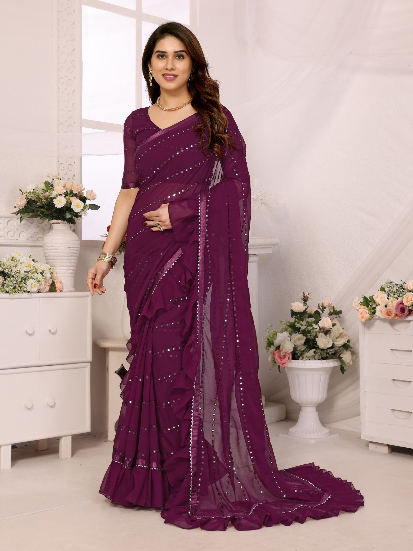Purple Georgette Saree With Ruffle Saree With Mirror Work With Mirror Work Blouse