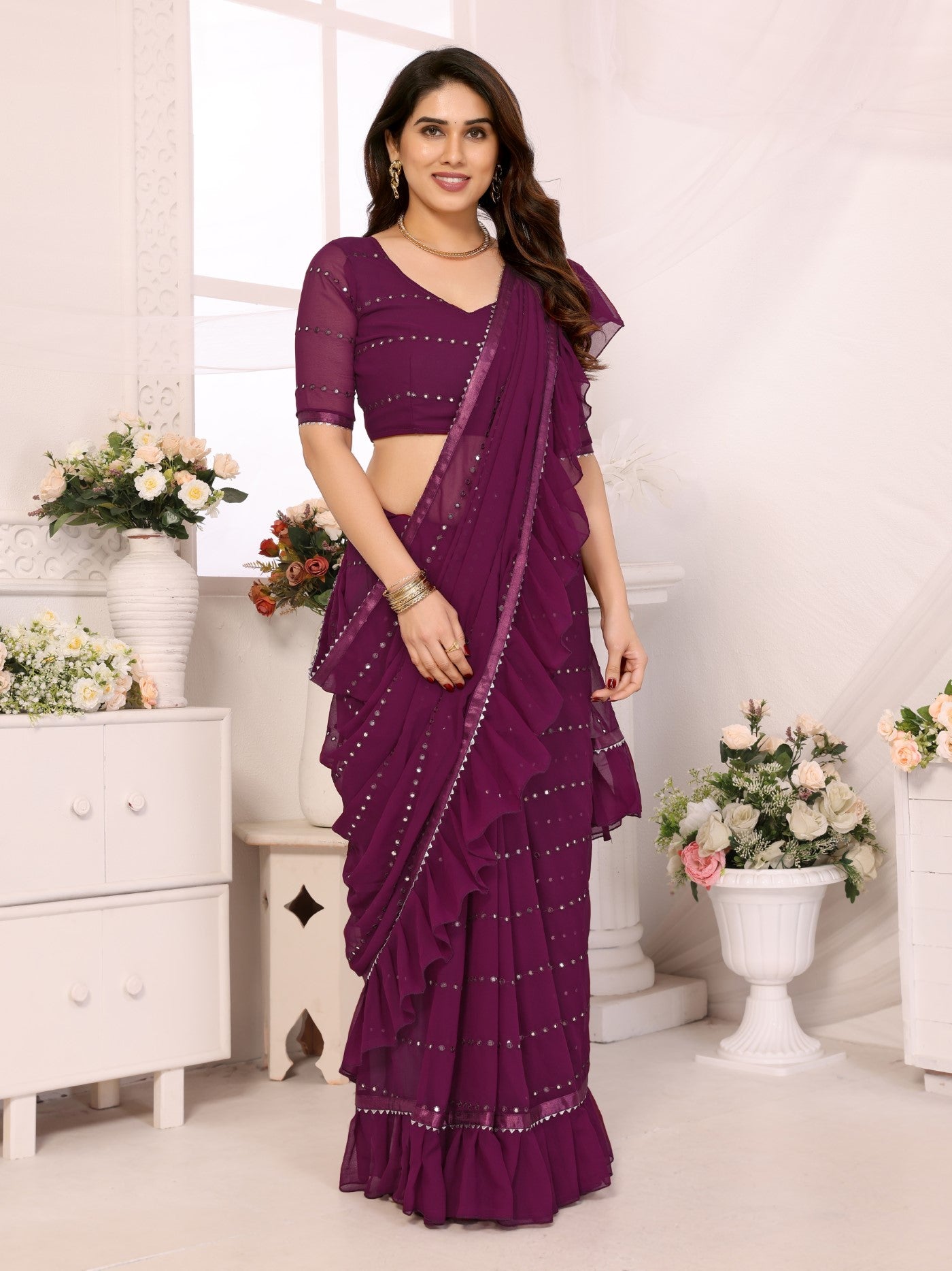 Purple Georgette Saree With Ruffle Saree With Mirror Work With Mirror Work Blouse