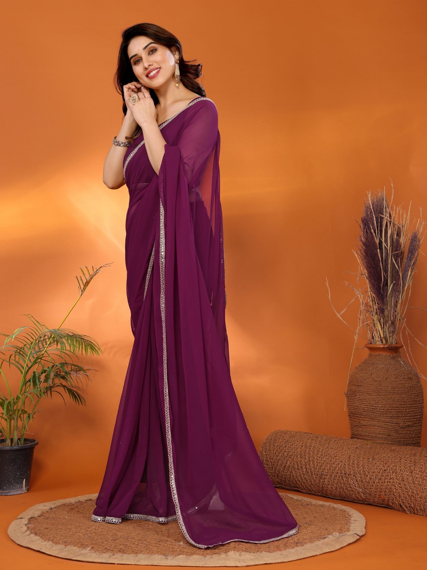 Purple Georgette Saree with Mirror Border
