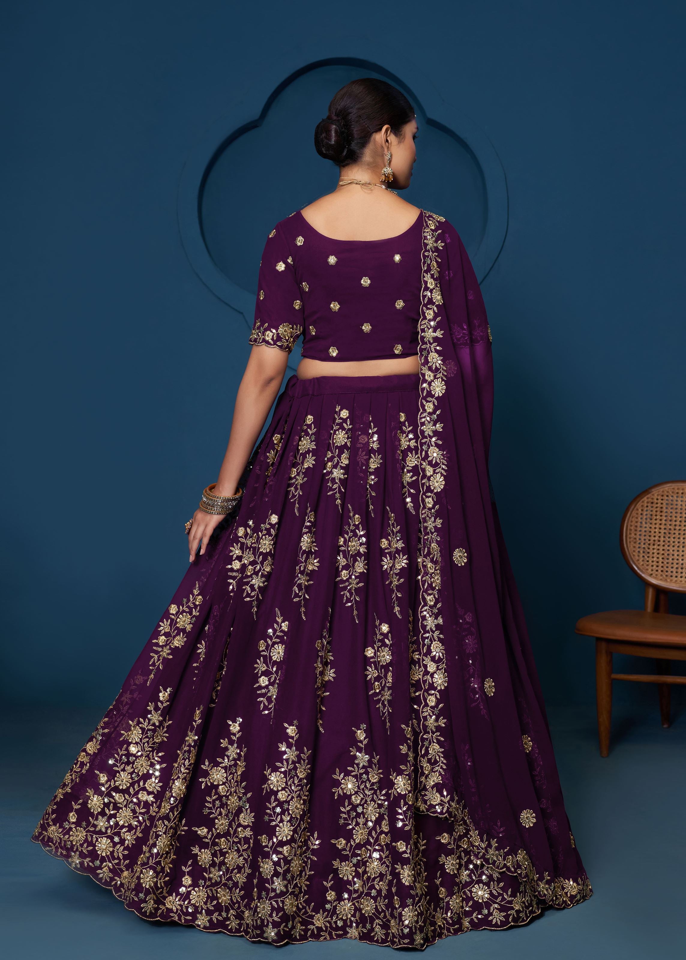 Purple Georgette Thread Sequence Embroidery Work Lehenga Choli