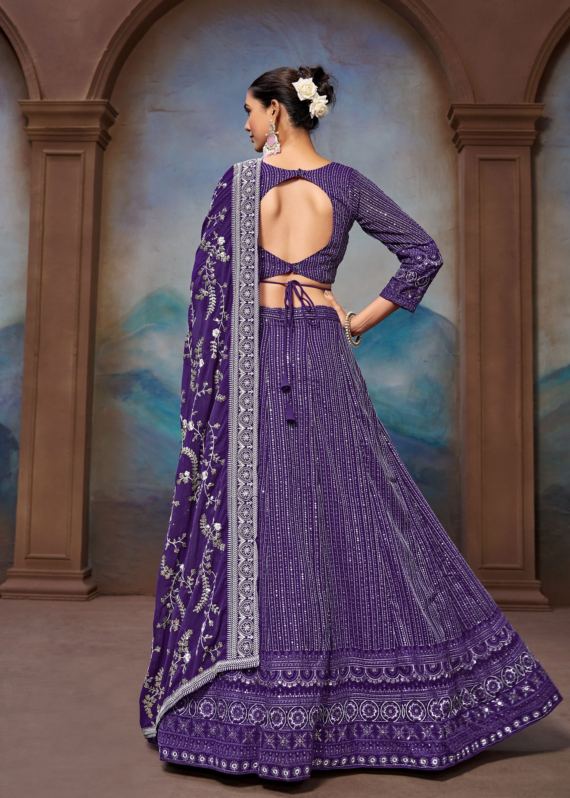 Purple Georgette Zari Sequence Embroidery Work Lehenga Choli