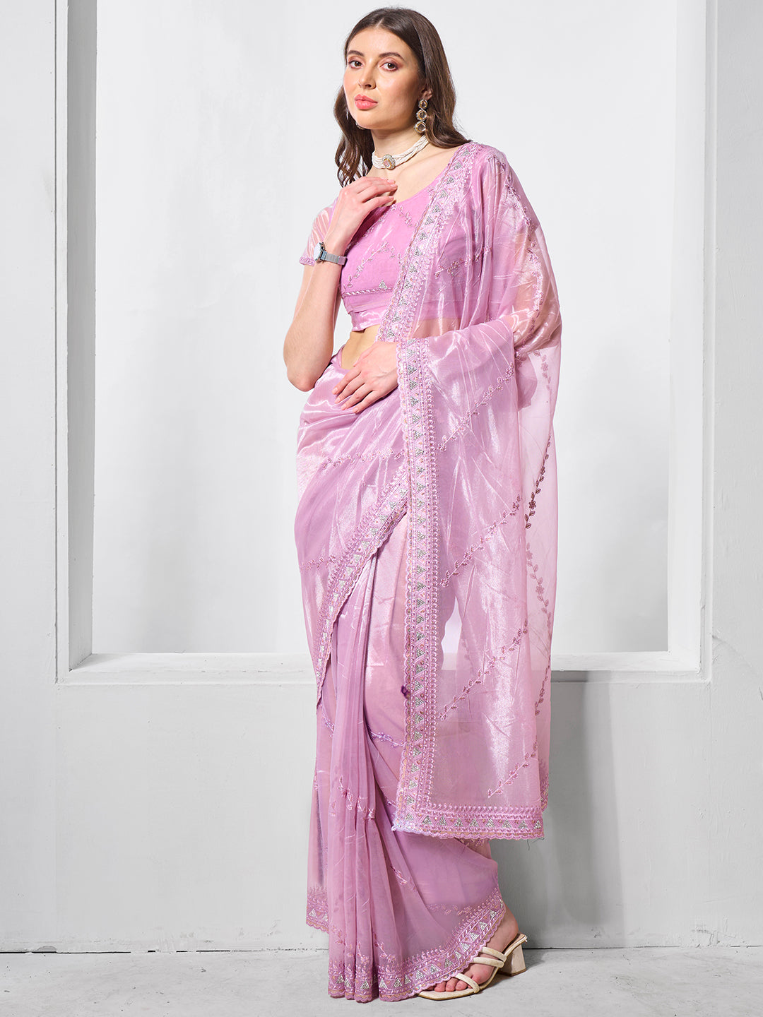 Purple Gold Tissue Net Fabric Designer Embroidery Work Ceremonial Partywear Saree