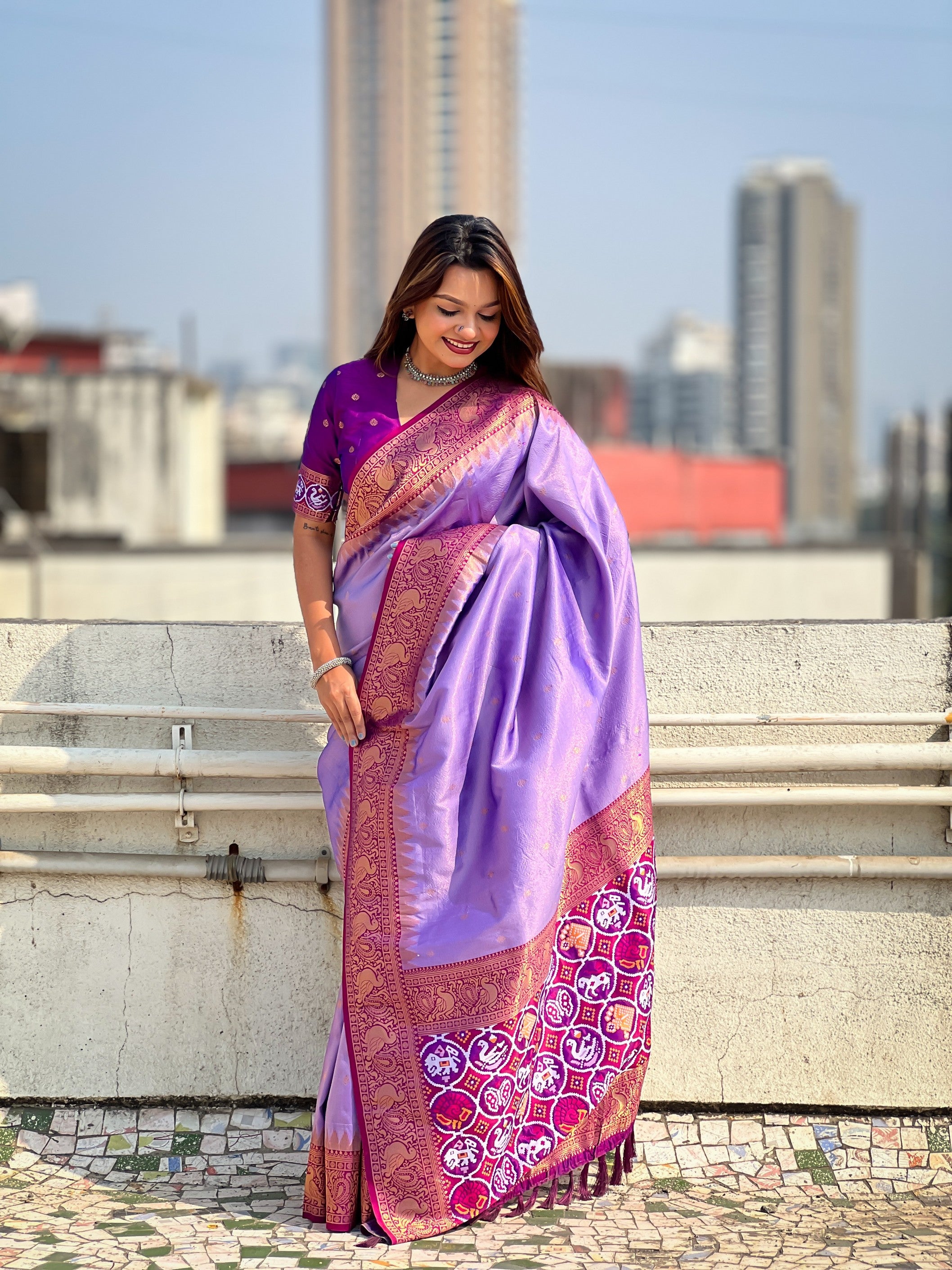 Purple Jari Tissue Woven Meenakari Pallu Designer Heavy Ethnic Saree
