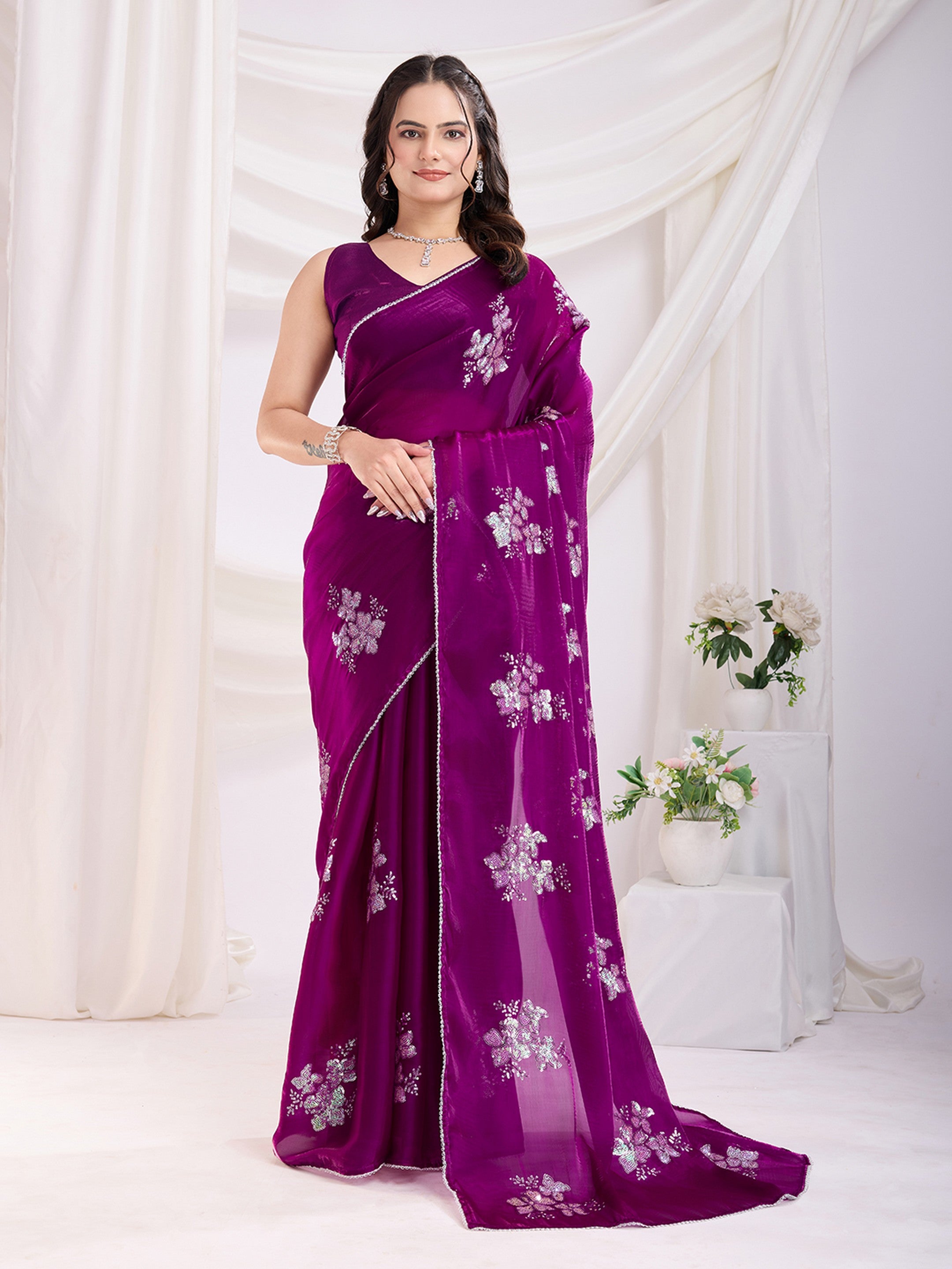 Purple Jimmi Choo Sequins Embroidery Work Ethnic Party Saree
