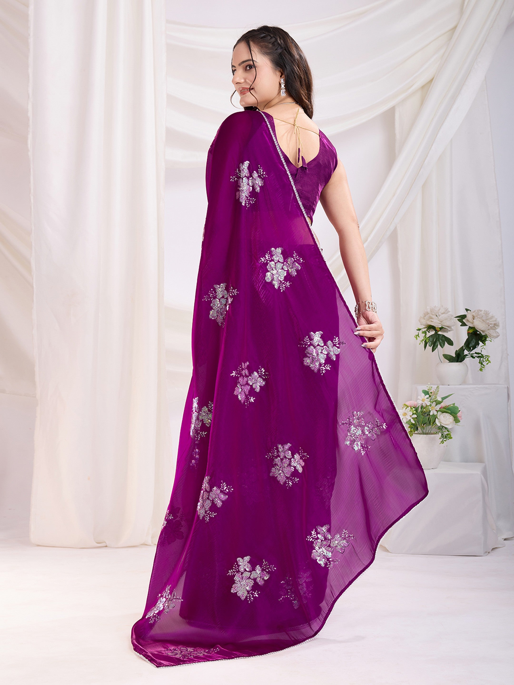 Purple Jimmi Choo Sequins Embroidery Work Ethnic Party Saree