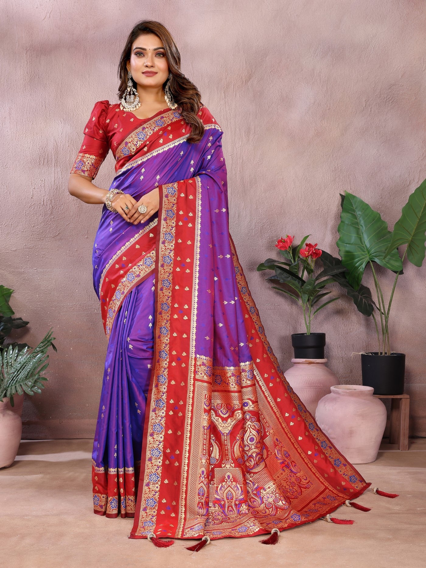 Purple Kalamkari Silk Saree With Zari Woven