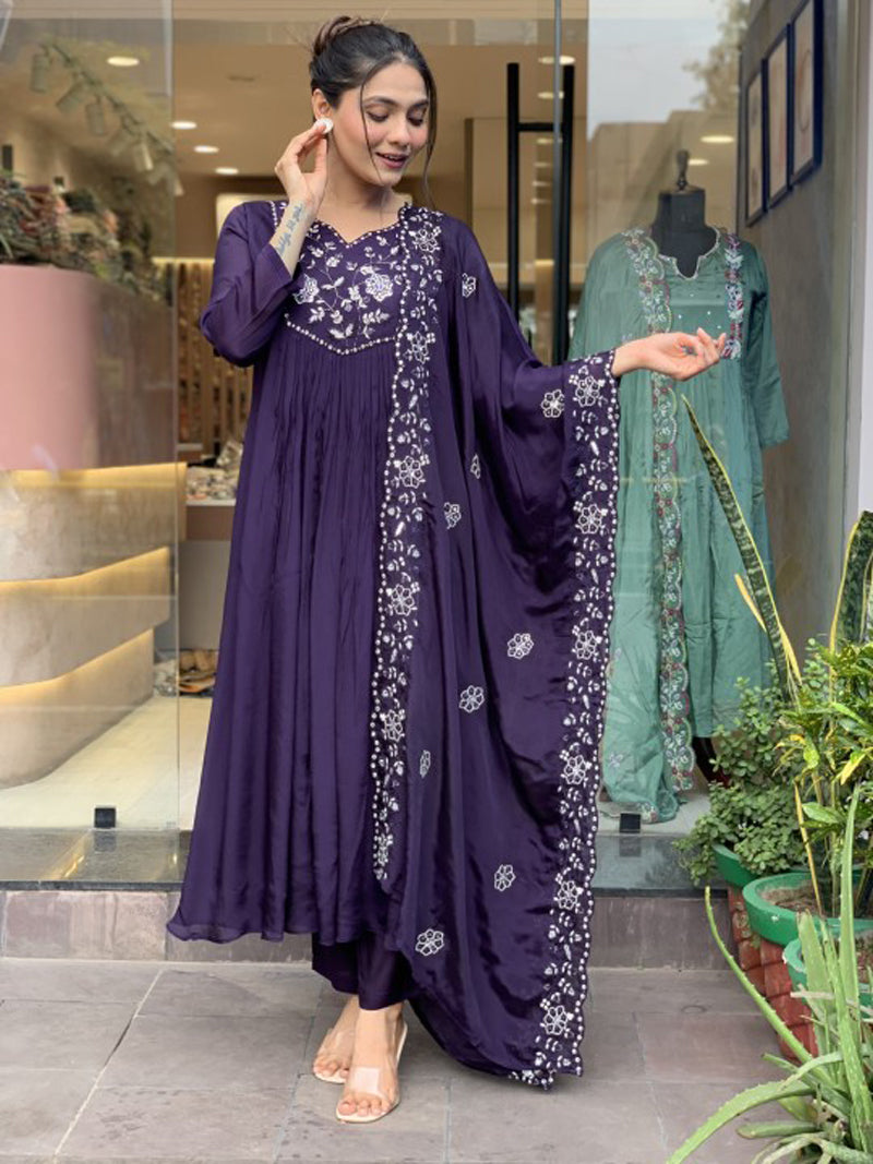 Purple Kurta Pant Set with Heavy Thread Embroidery Work