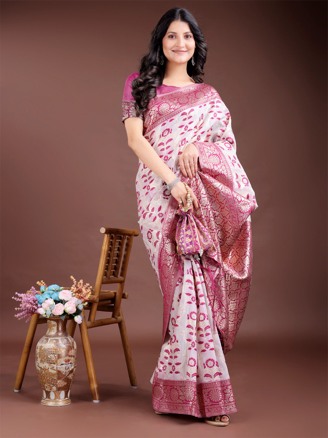 Purple Linen Cotton Woven Jacquard Designer Beautiful Festive Saree