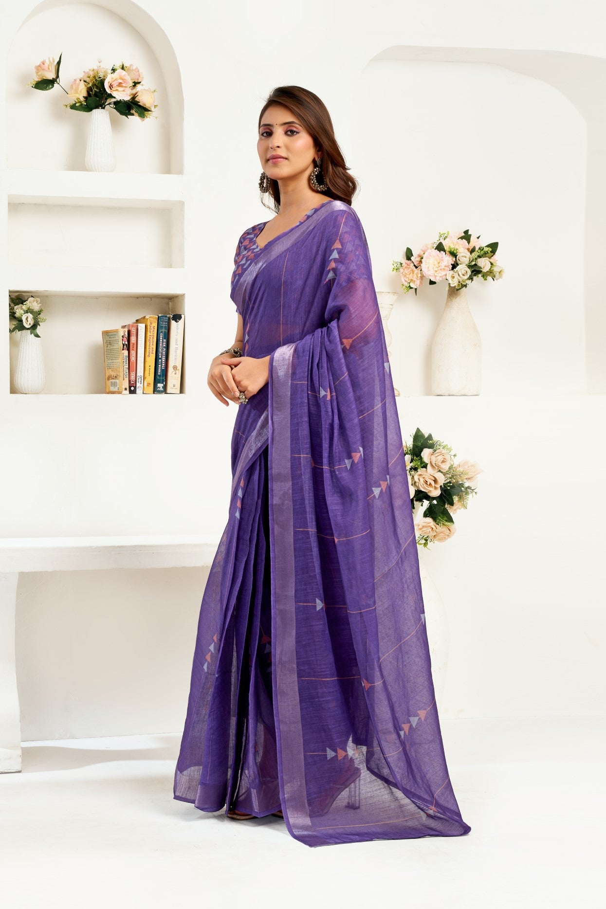 Purple Linen Ready To Wear Saree With Zari Border Printed