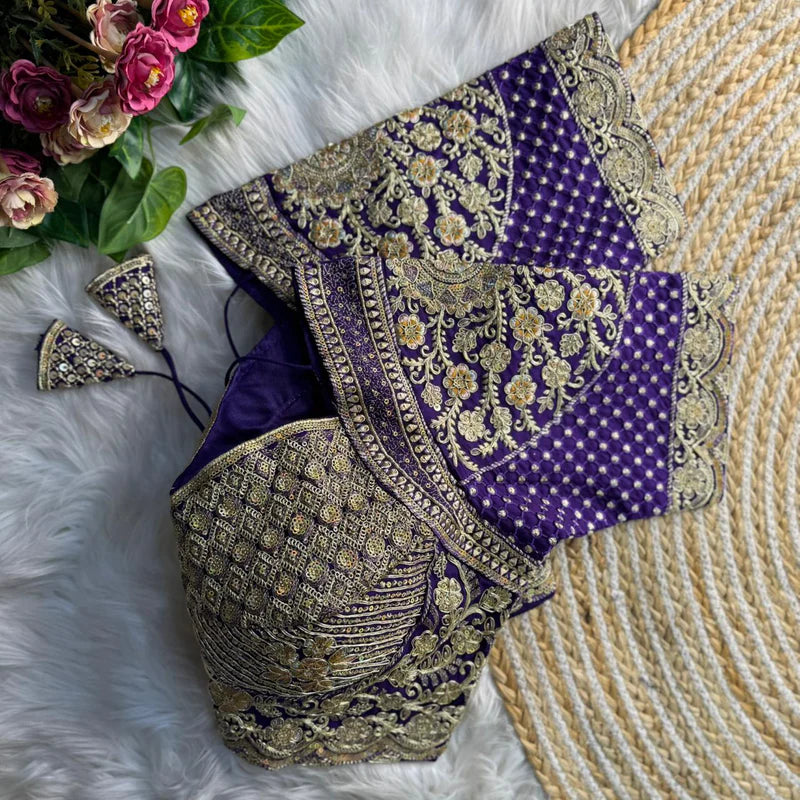 Purple Madhubala Style Inspired Heavy Gold Jari Work Bridal Blouse in Roman Silk with Embroidery & Sequins