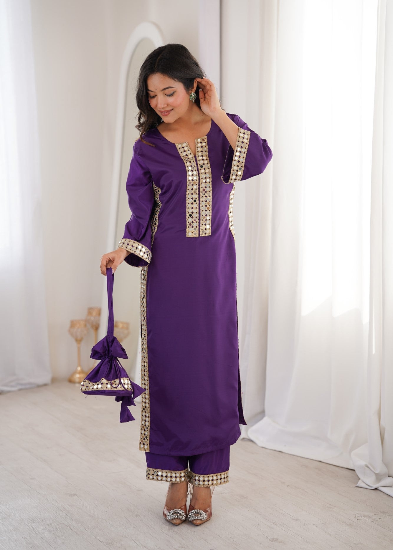 Purple Natural Crepe Designer Suit Set With Mirror Lace Accents