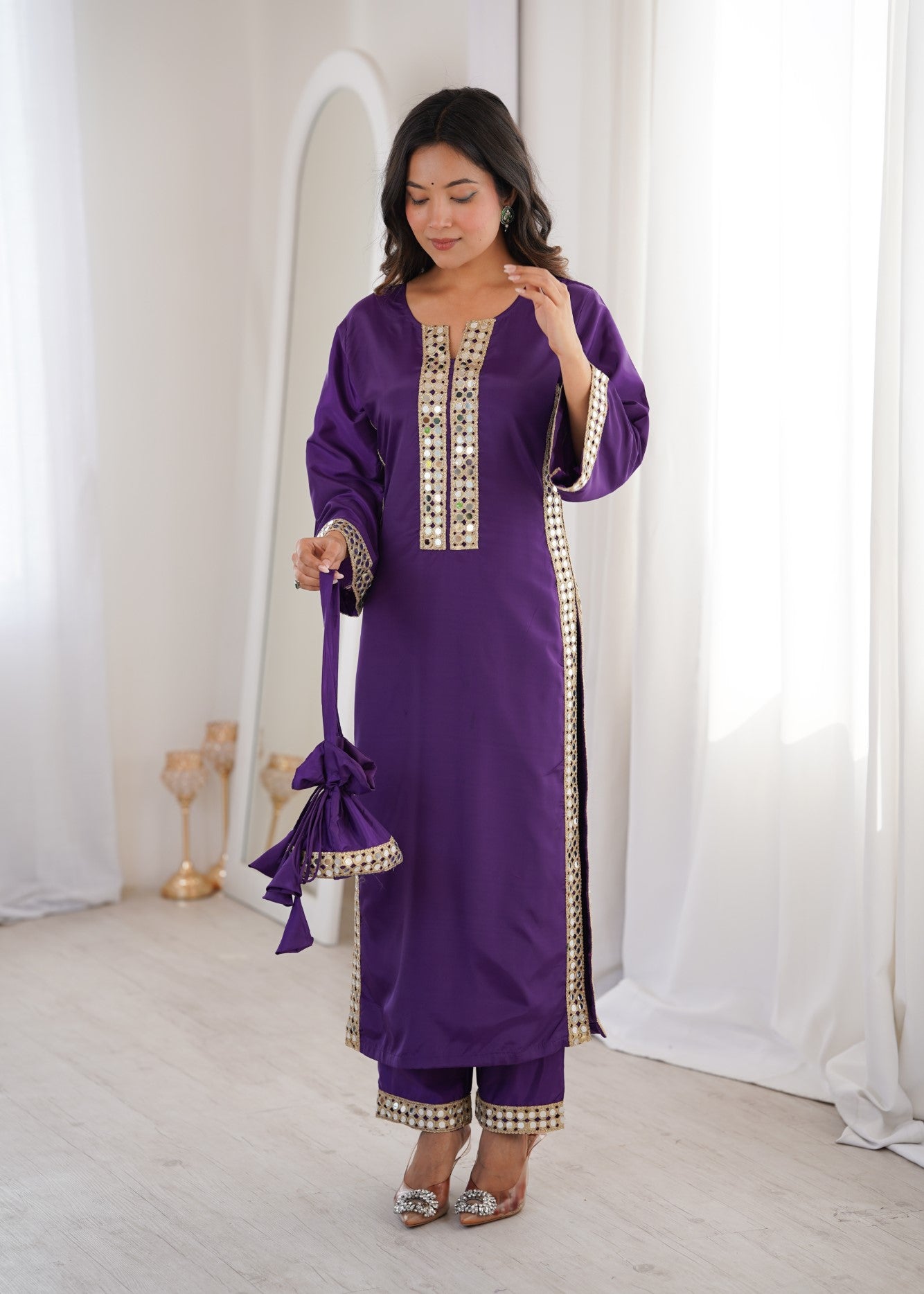 Purple Natural Crepe Designer Suit Set With Mirror Lace Accents