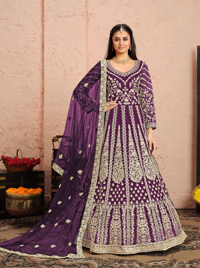 Purple Net Heavy Thread Embroidery And Zari Work Anarkali Suits