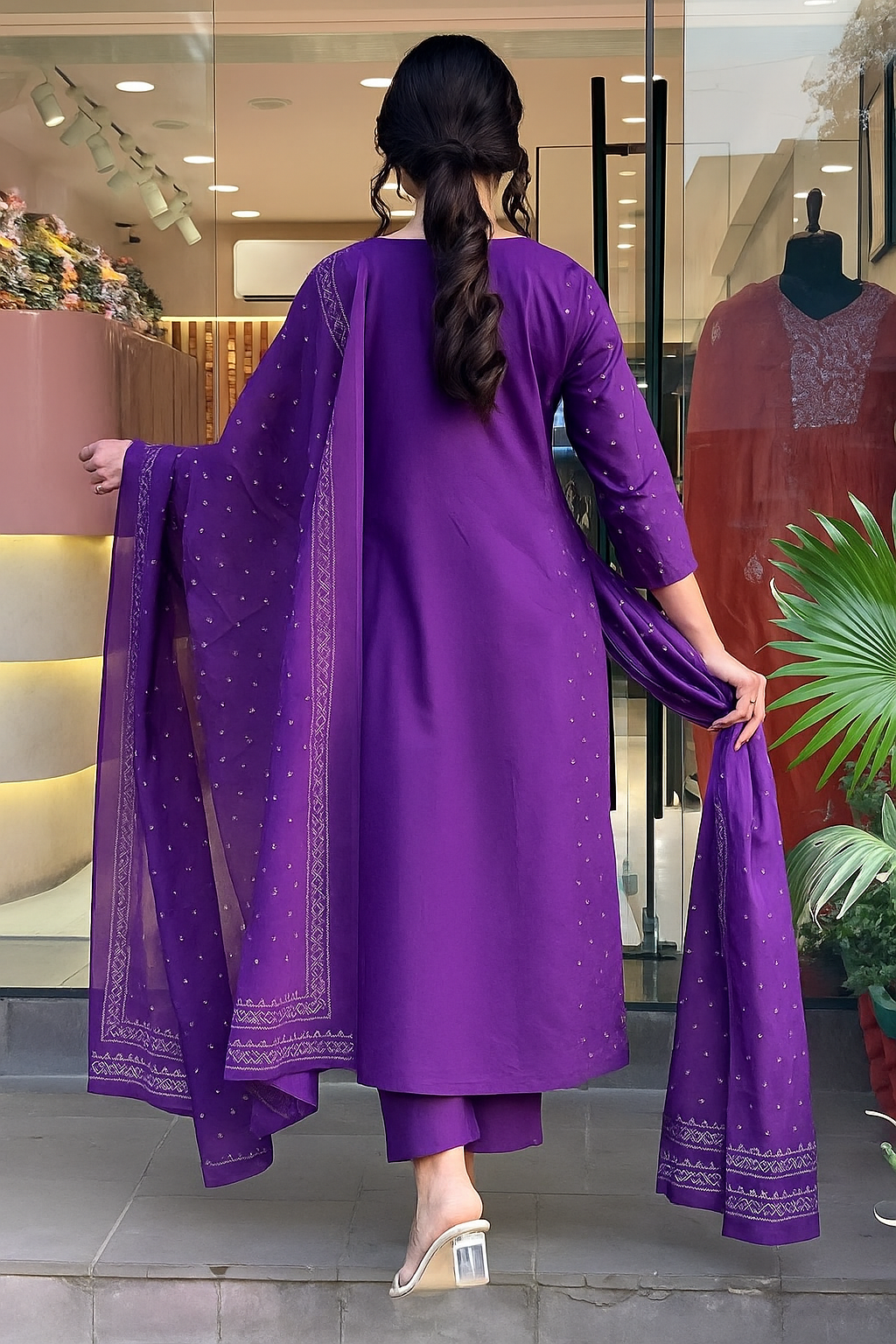 Purple P.V Chanderi Kurta Pant Set With Print With Thread Embroidery Work