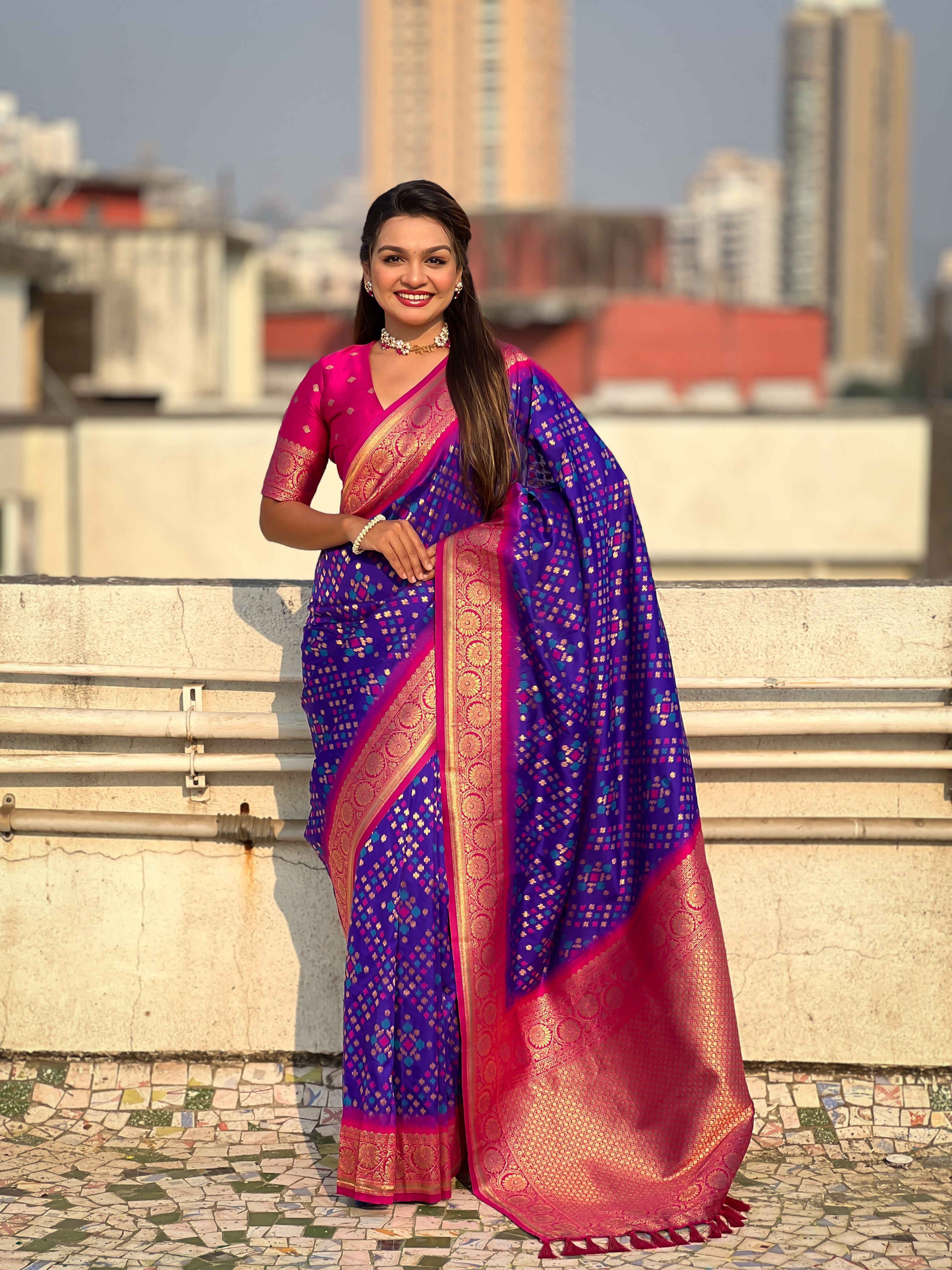 Purple Patola Silk Weaving Ikkat Meenakari Designer Graceful Ceremonial Saree