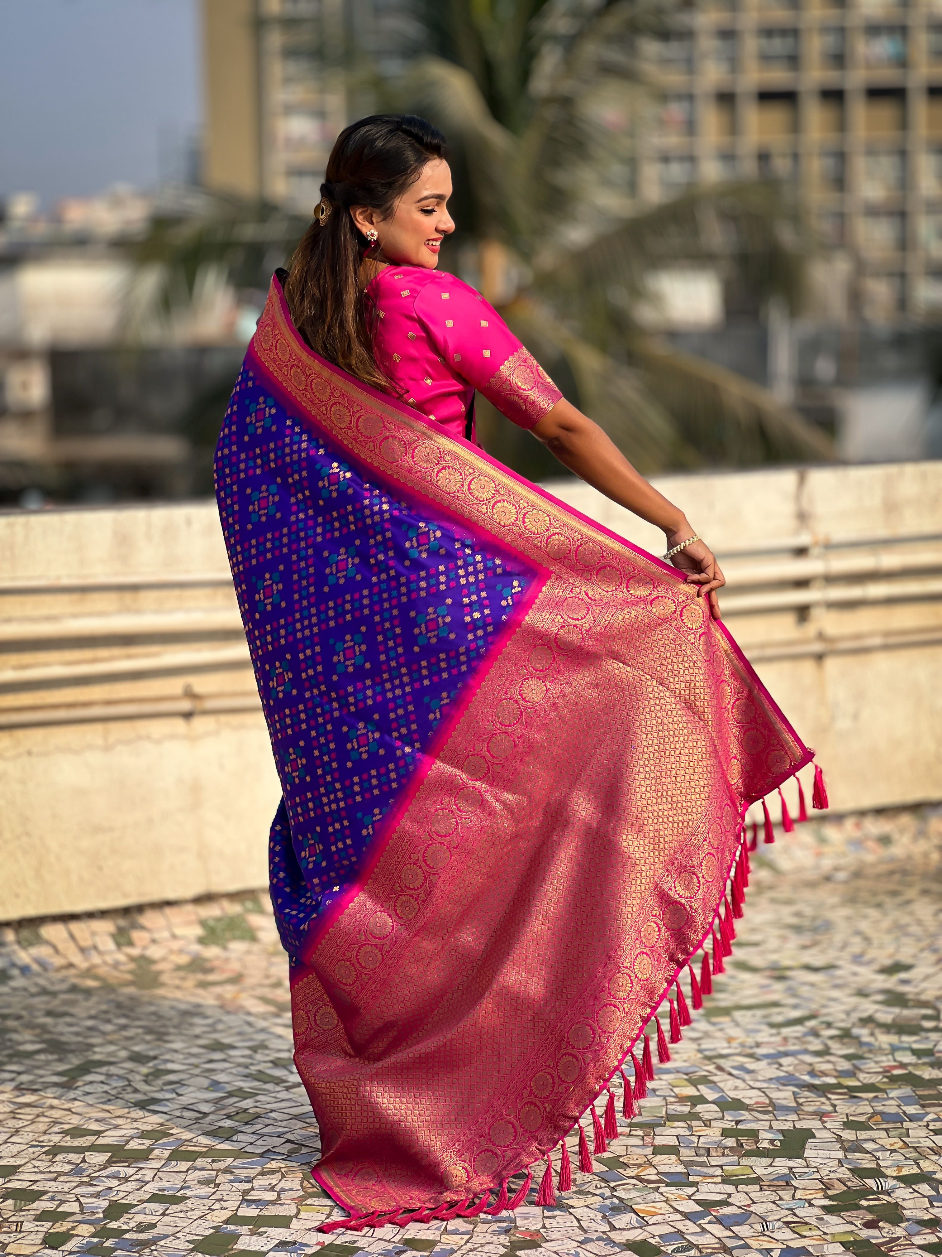 Purple Patola Silk Weaving Ikkat Meenakari Designer Graceful Ceremonial Saree