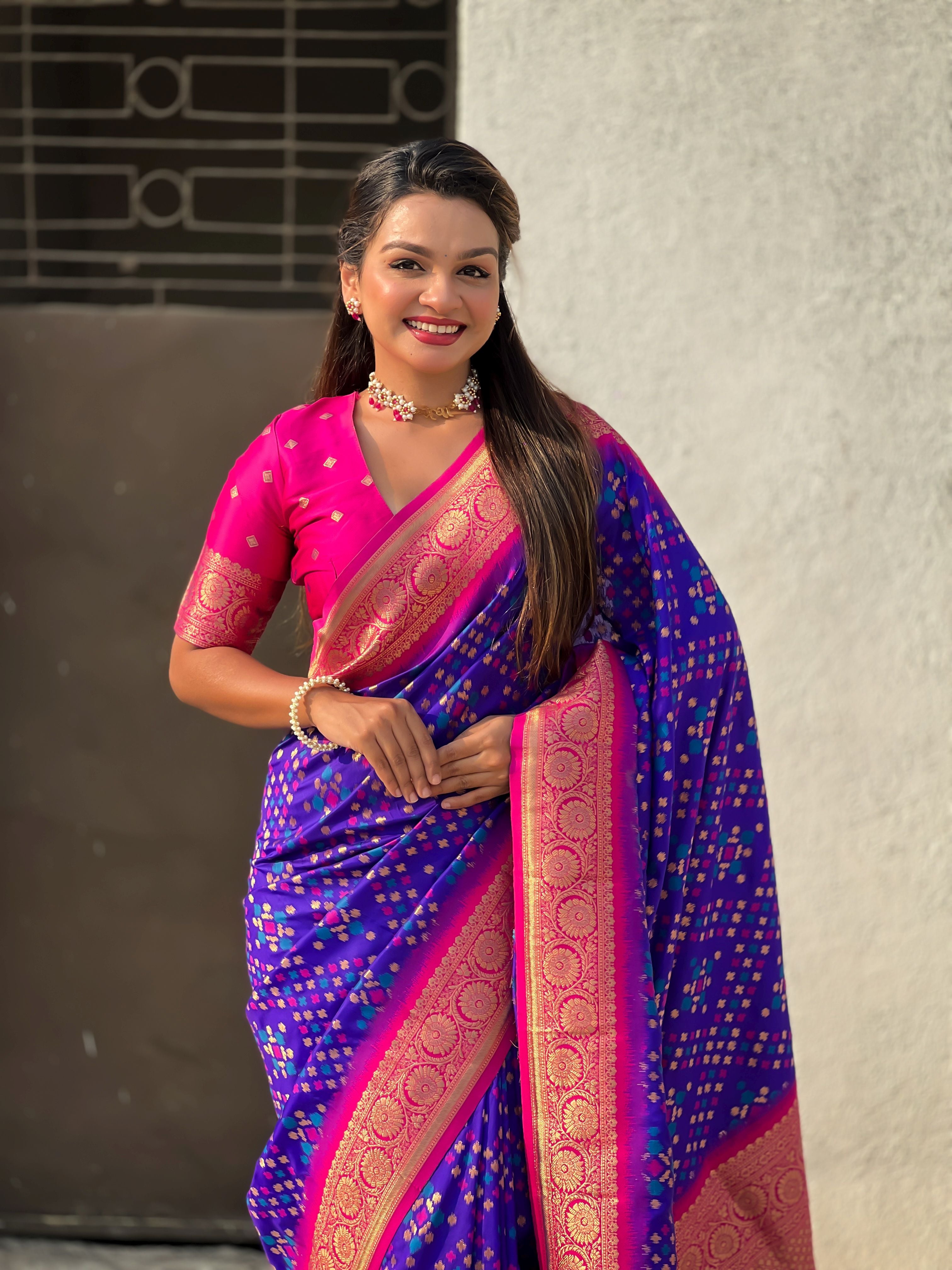 Purple Patola Silk Weaving Ikkat Meenakari Designer Graceful Ceremonial Saree