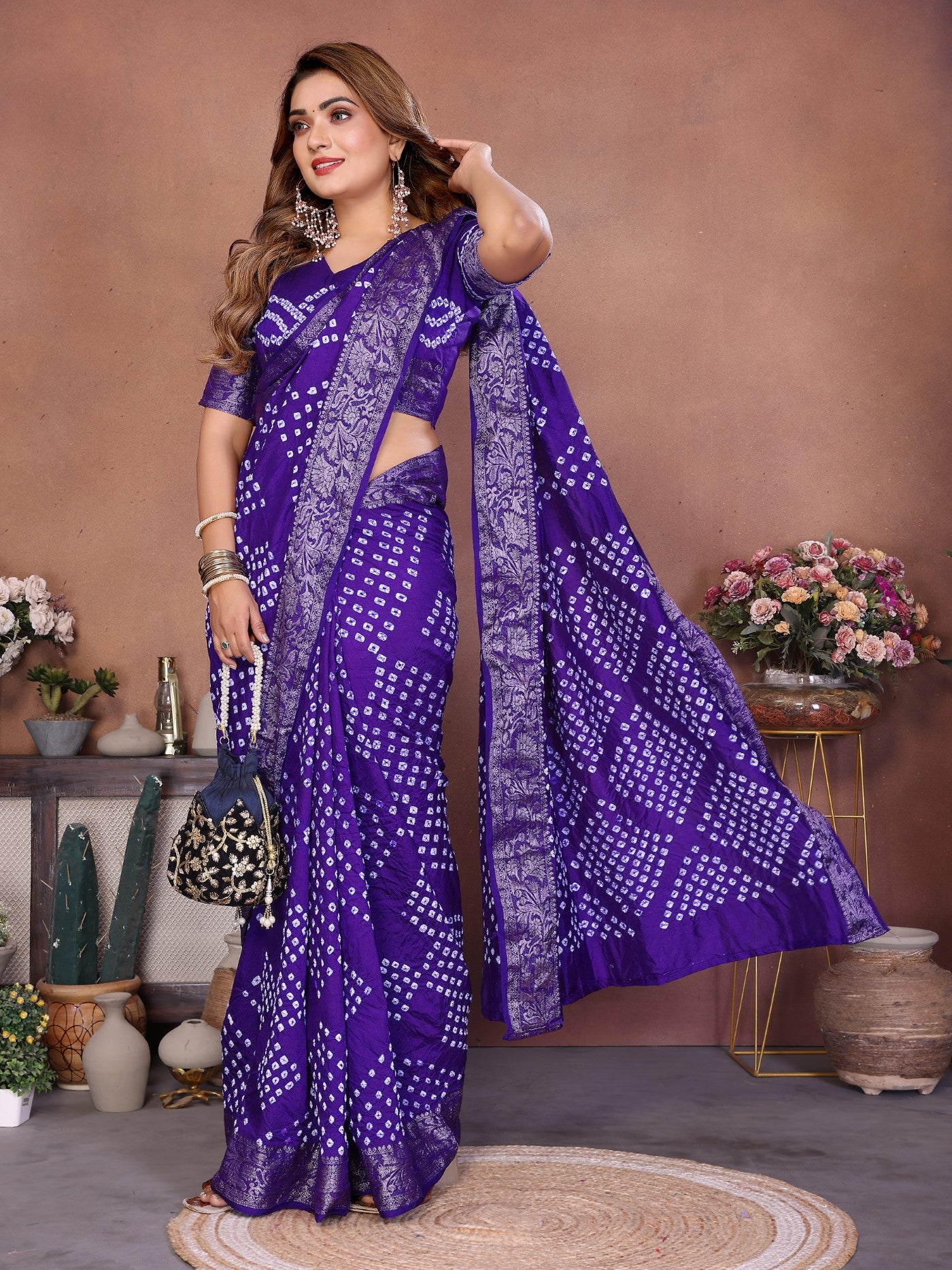 Purple Pure Dola Silk Saree With Handmade Original Bandhej