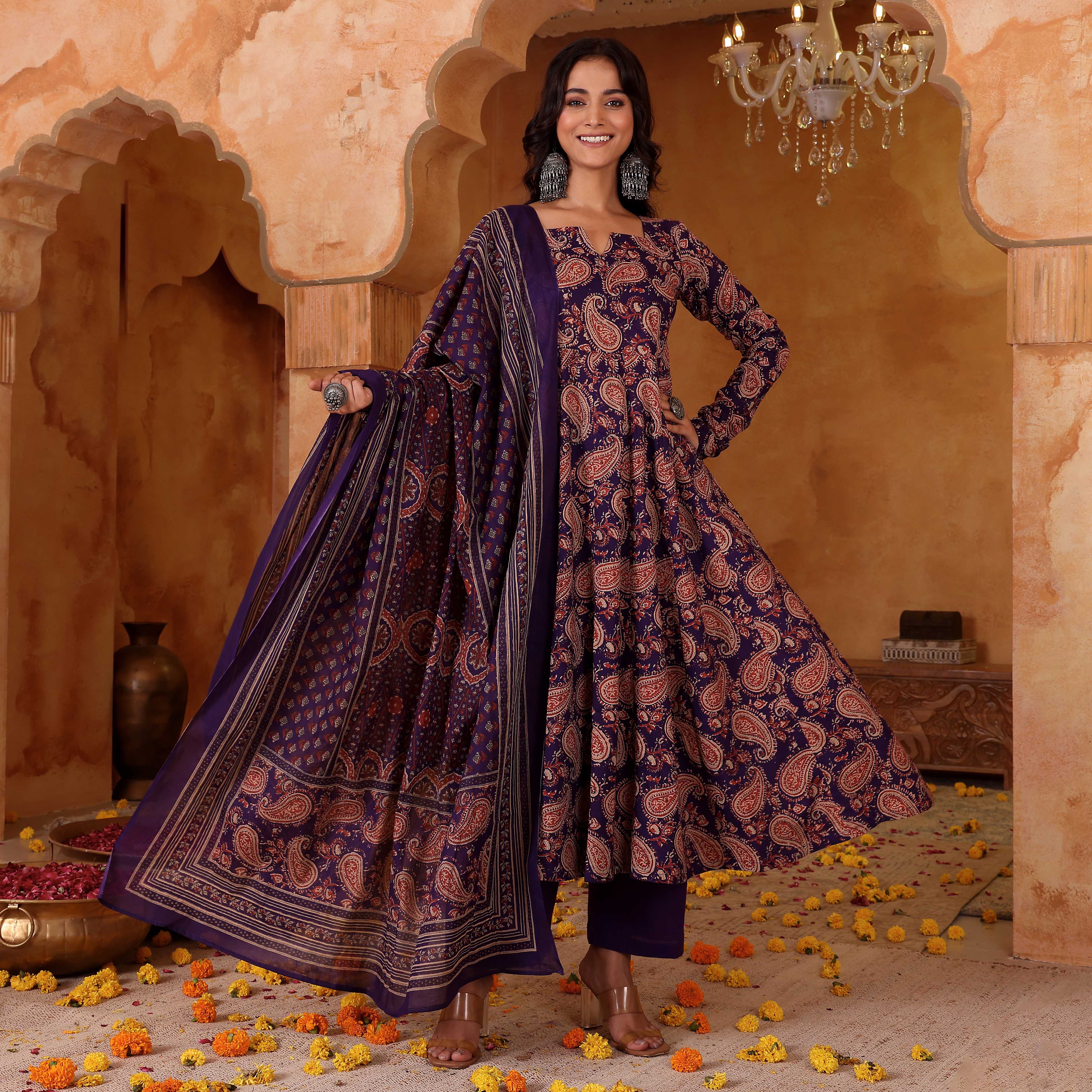 Purple Rayon Blend Kurta Pant Set Printed