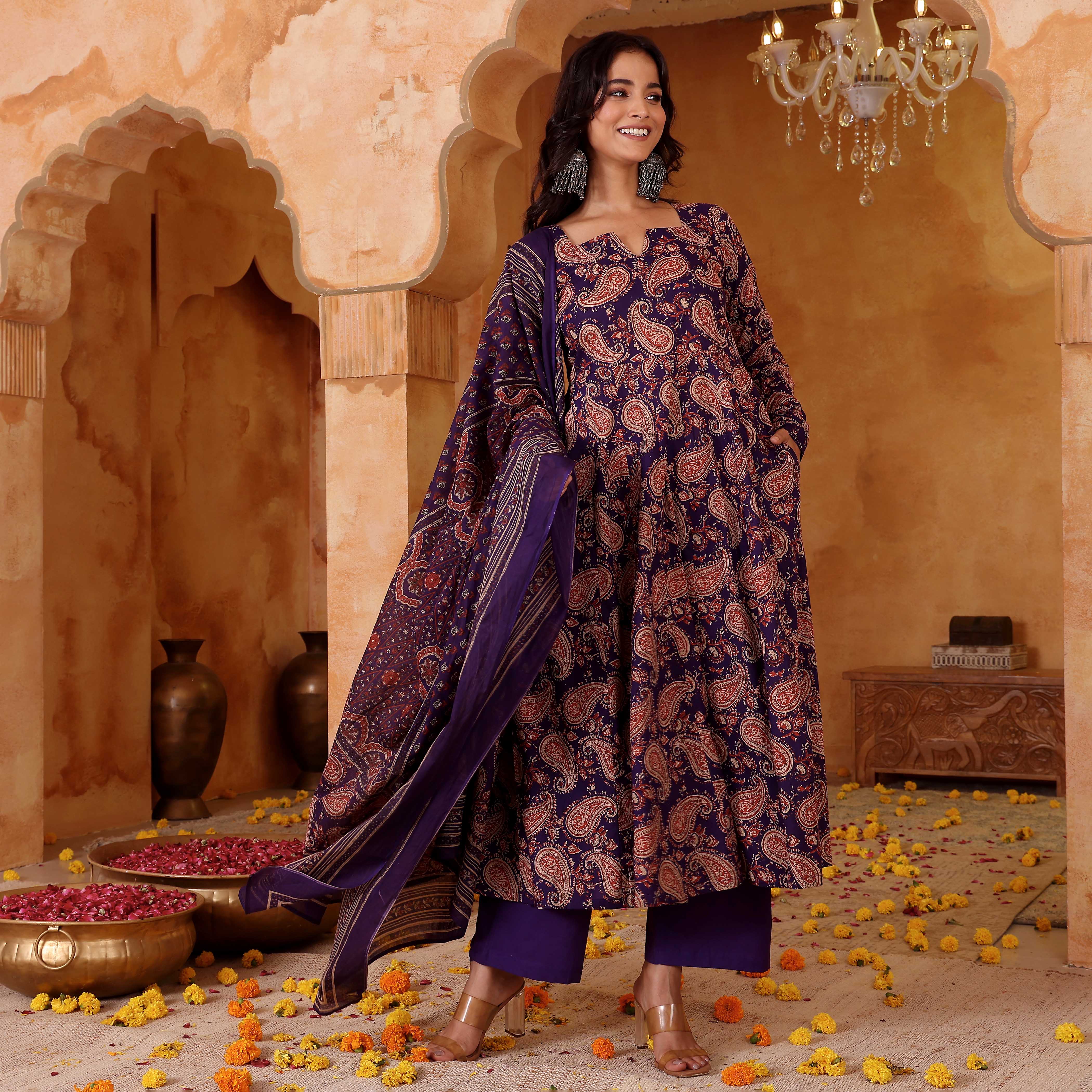 Purple Rayon Blend Kurta Pant Set Printed