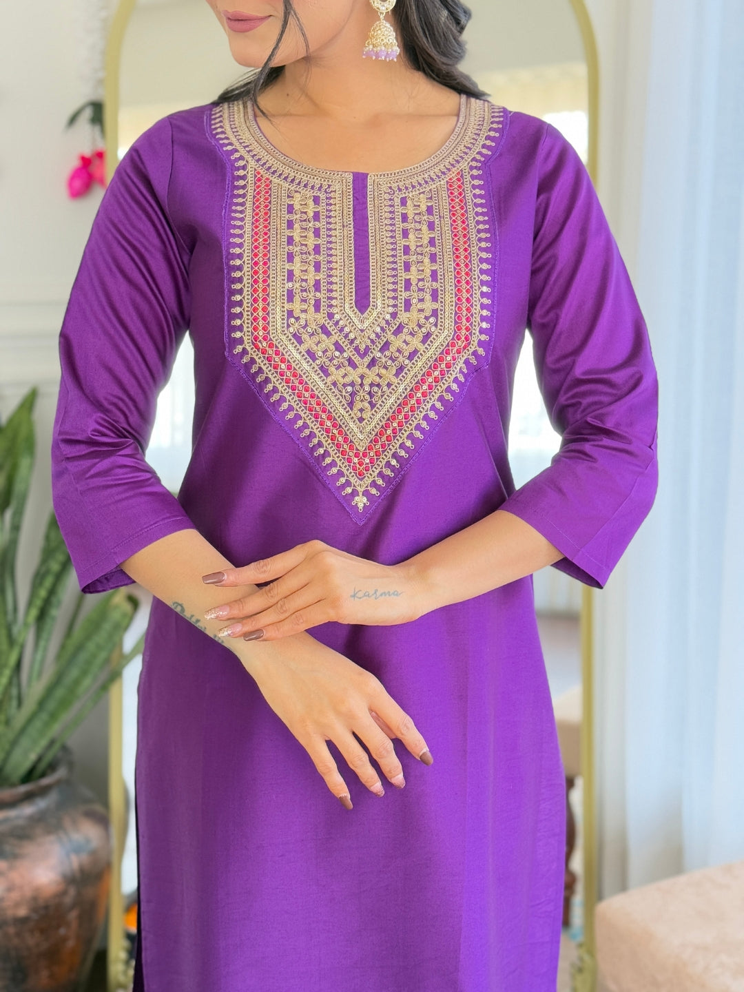 Purple Rayon Elegant Kurta Pant Set With Embroidery Work