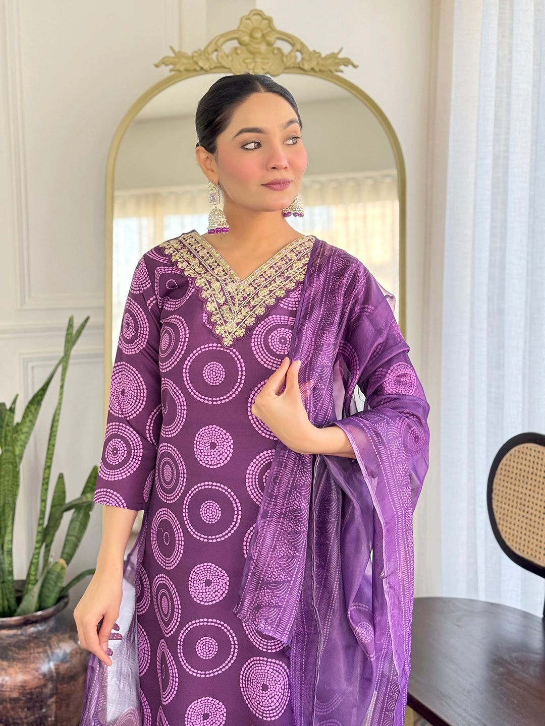 Purple Rayon Elegant Kurta Pant Set With Print