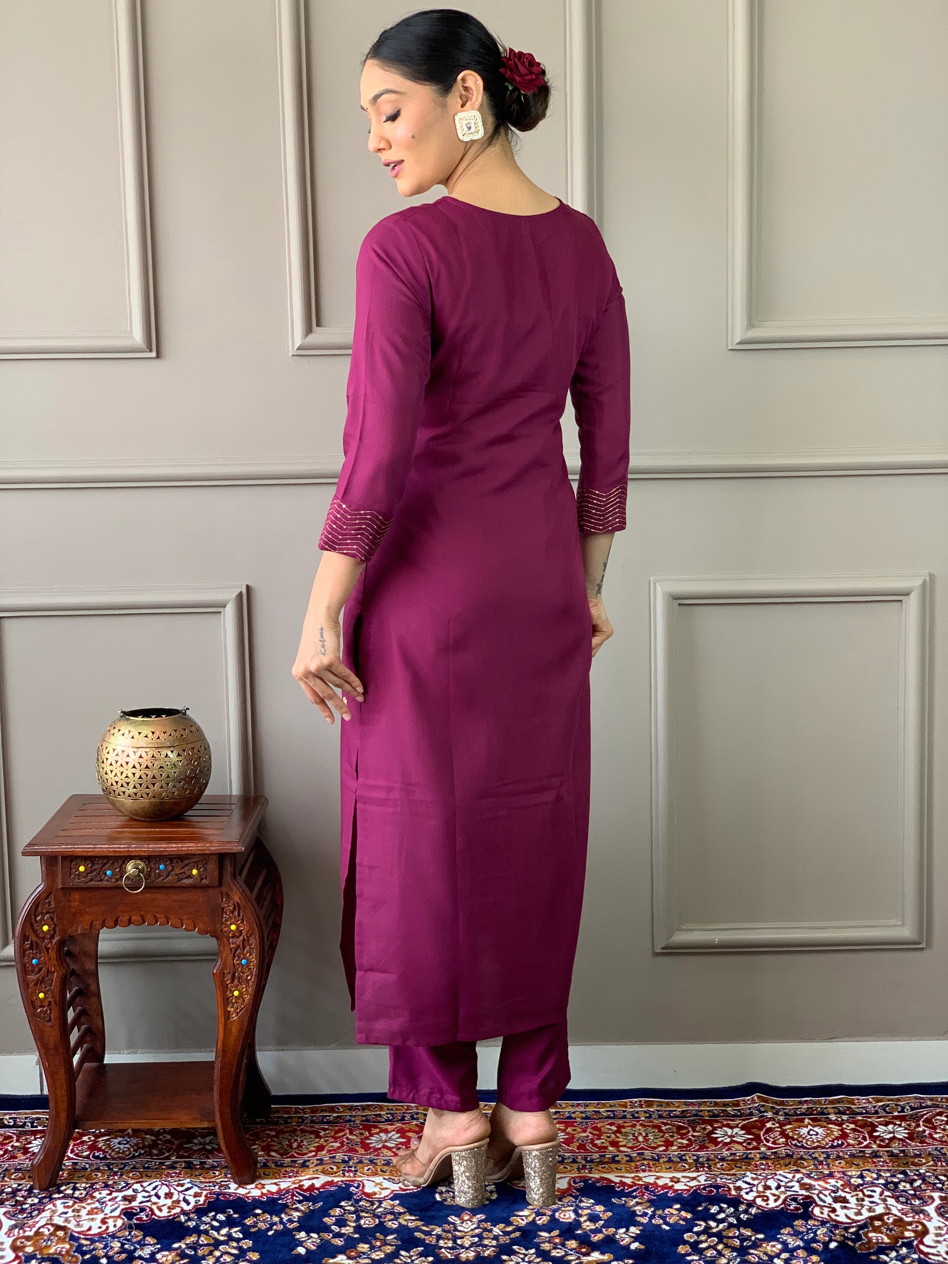 Purple Rayon Slub Elegant Kurta Pant Set With Embroidery Work