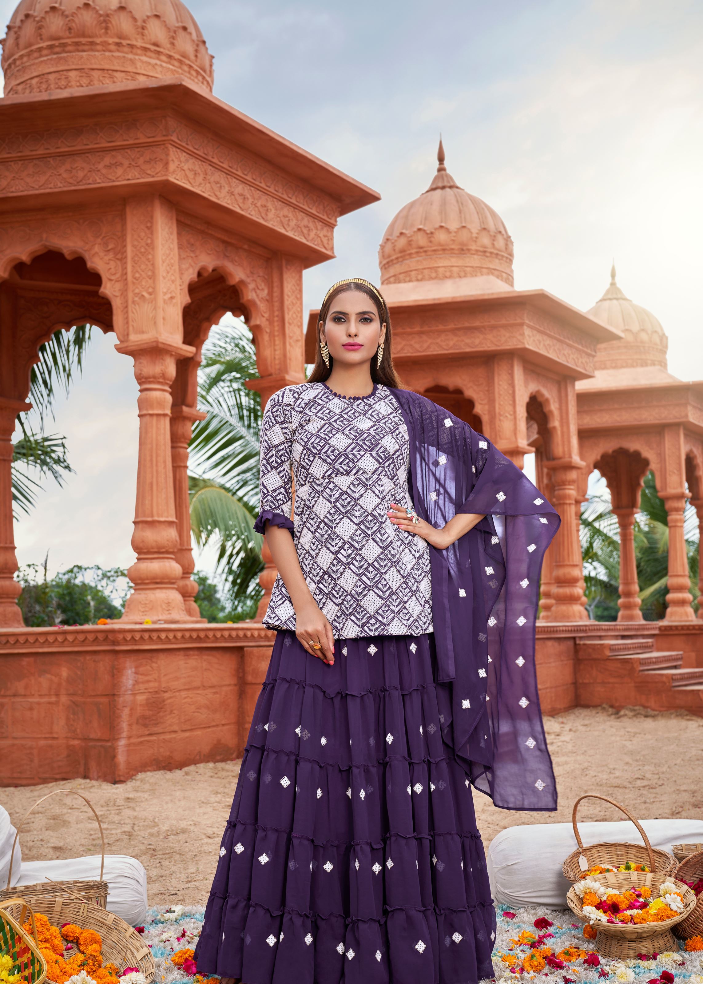 Purple Sarara Suite With Heavy Fox Georgette And Cotton Embroidery Work