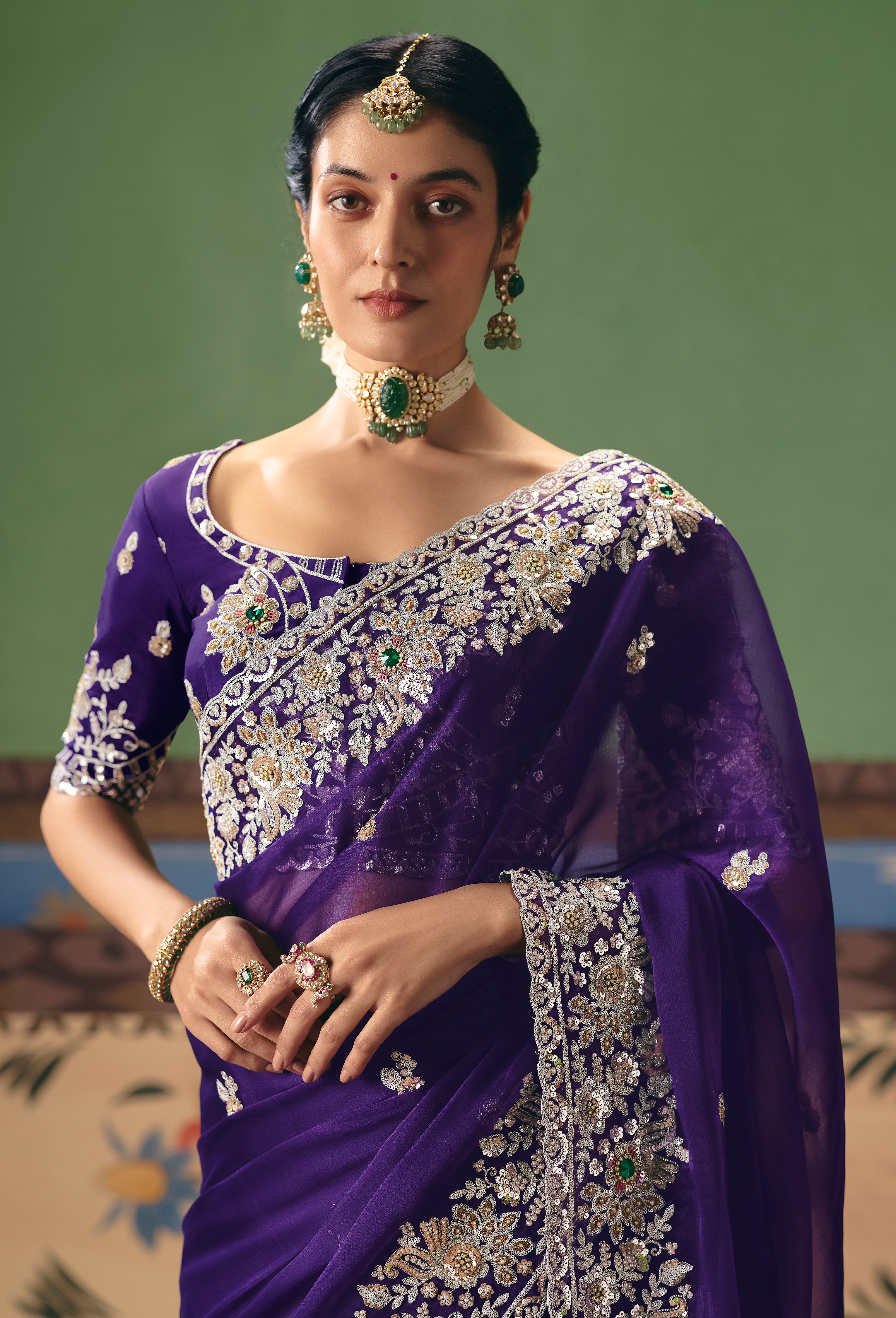 Purple Saree With Heavy Designer Embroidery, Sequince, Stone, Pearl With Beads Work