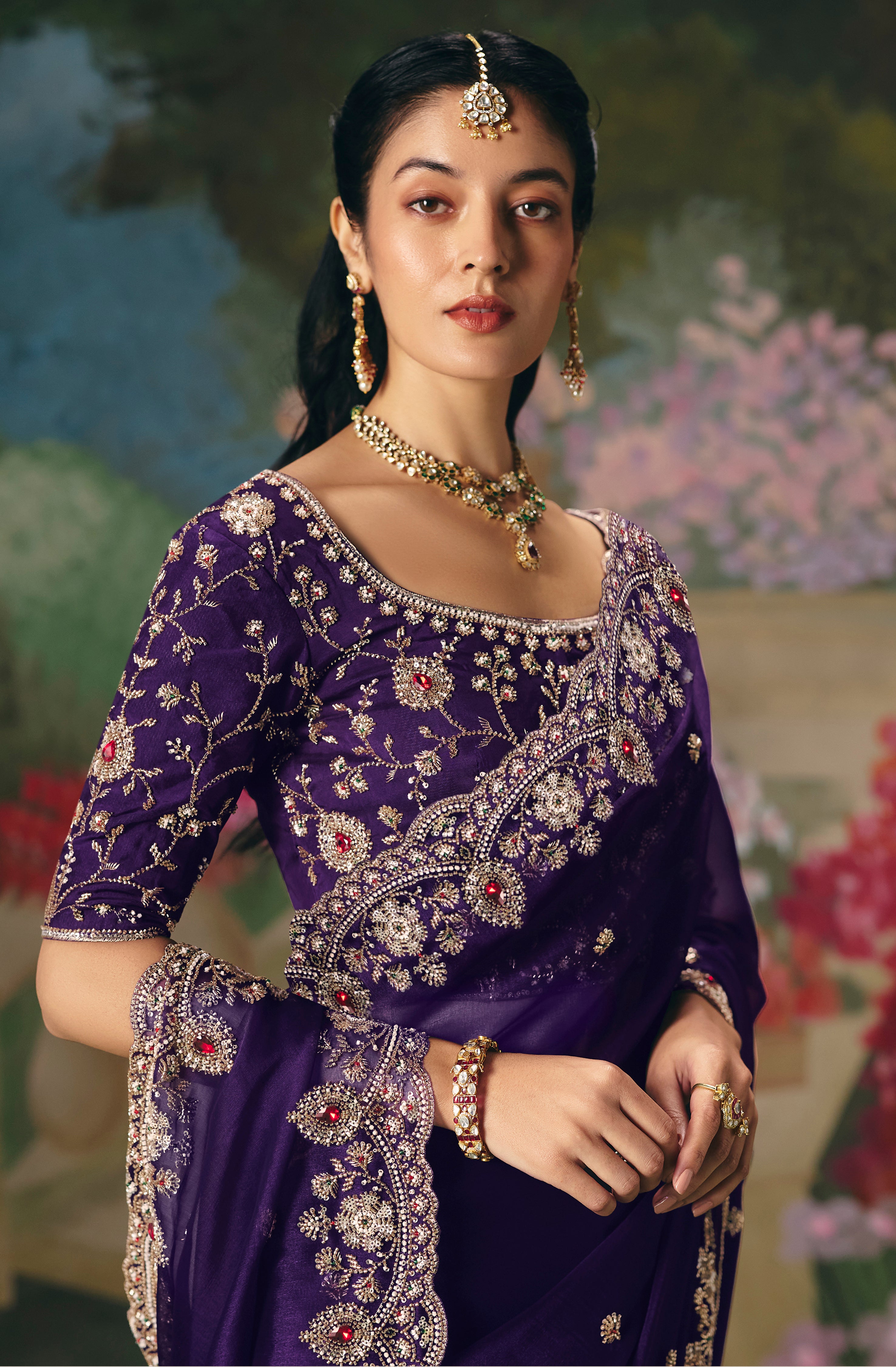 Purple Saree With Heavy Designer Embroidery, Sequince, Stone, With Beads Work