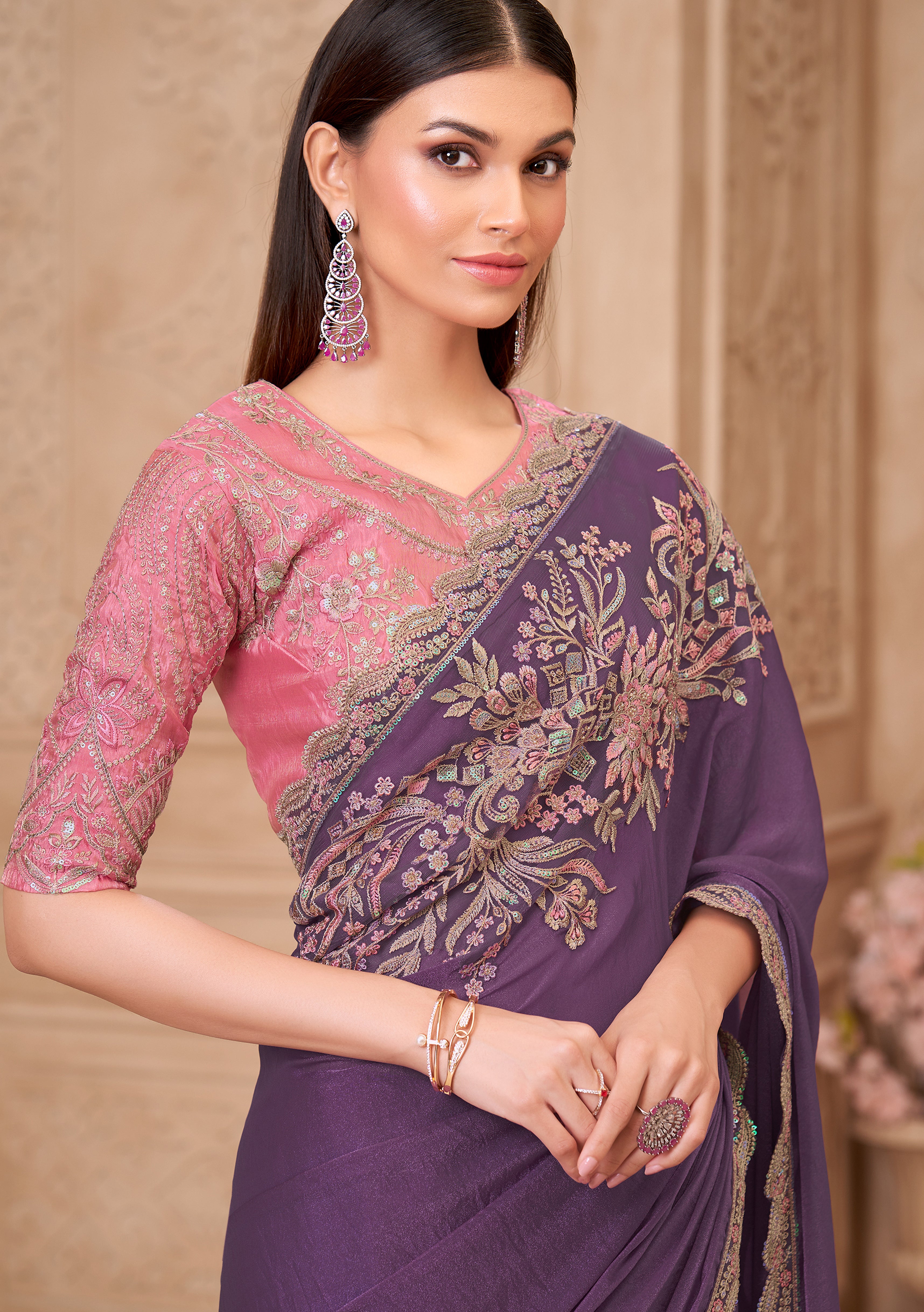 Purple Saree With Heavy Thread Embroidery Sequins Border Work With Embroidery Blouse Jacket