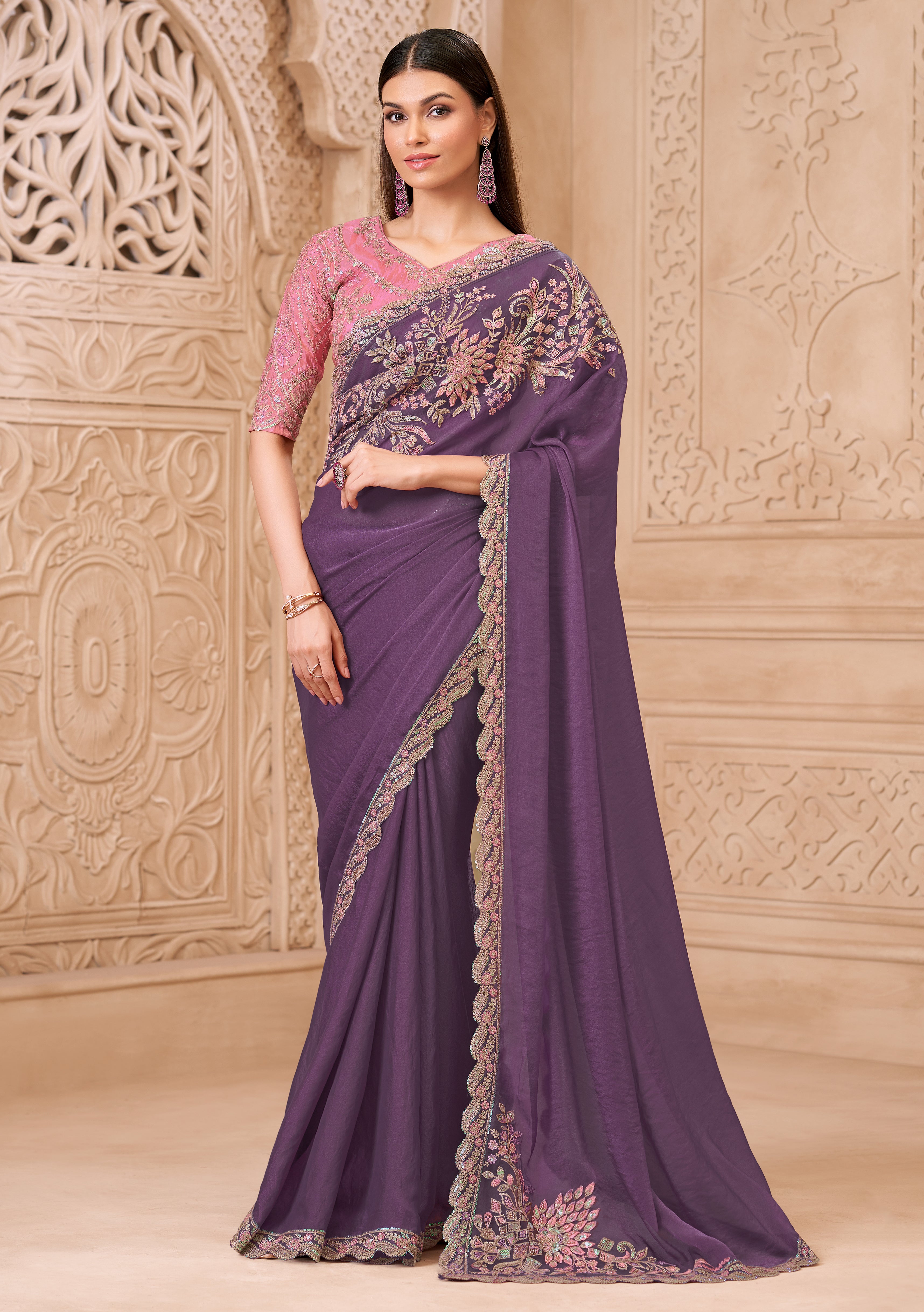 Purple Saree With Heavy Thread Embroidery Sequins Border Work With Embroidery Blouse Jacket