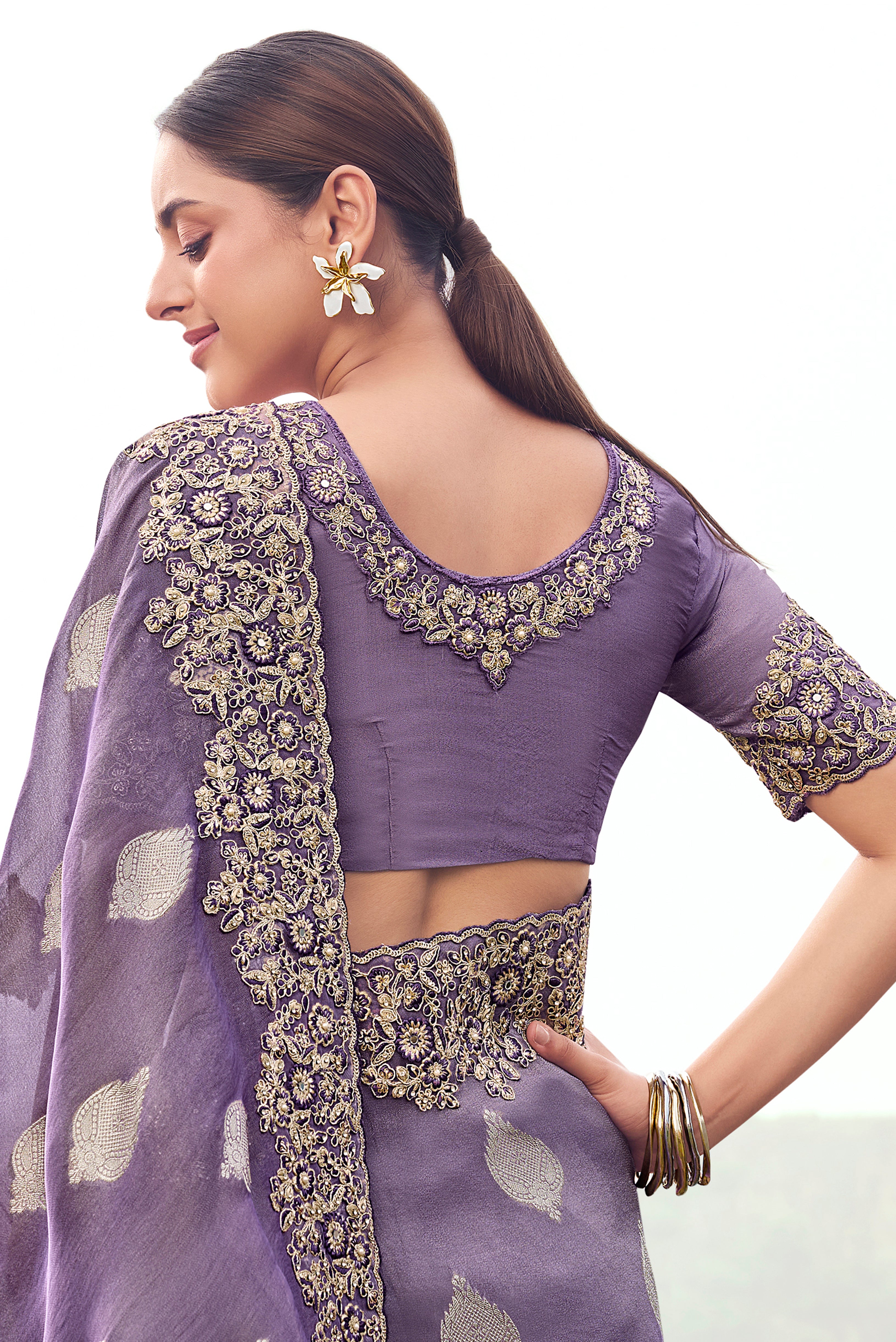 Purple Saree With Jacquard Woven With Embroidered Border & Blouse