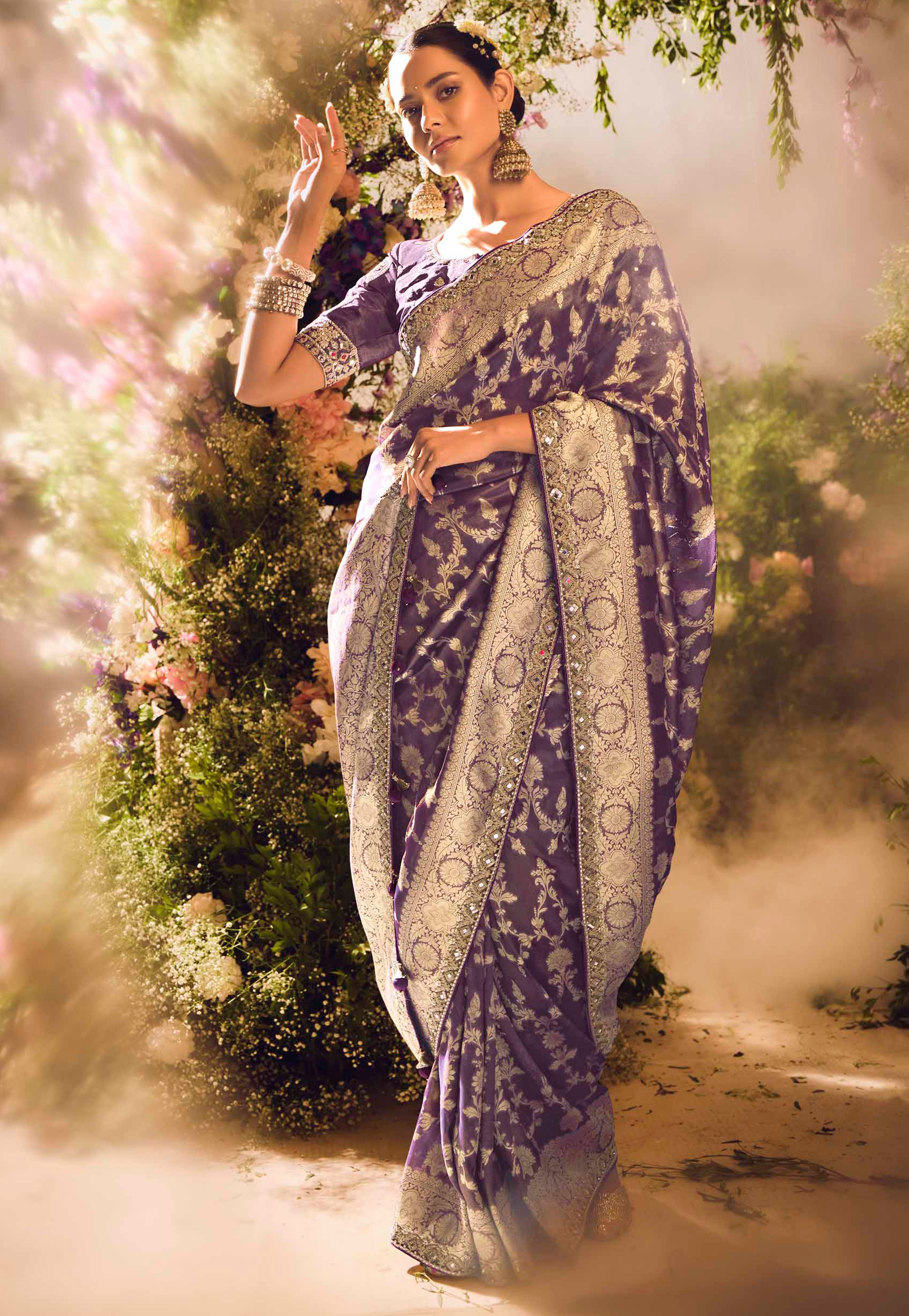 Purple Saree With Jacquard Woven Work with Embroidered Lace Border