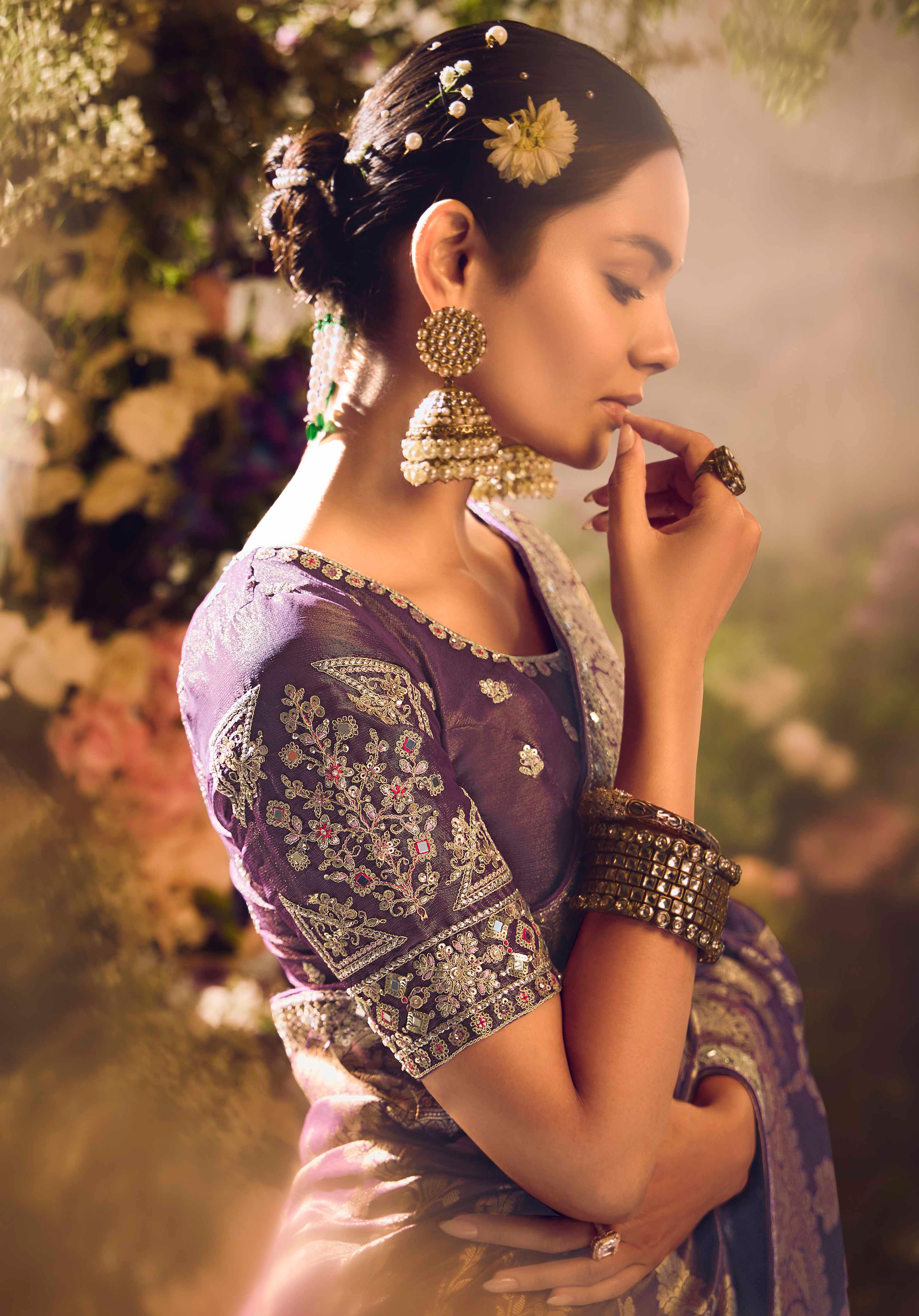 Purple Saree With Jacquard Woven Work with Embroidered Lace Border