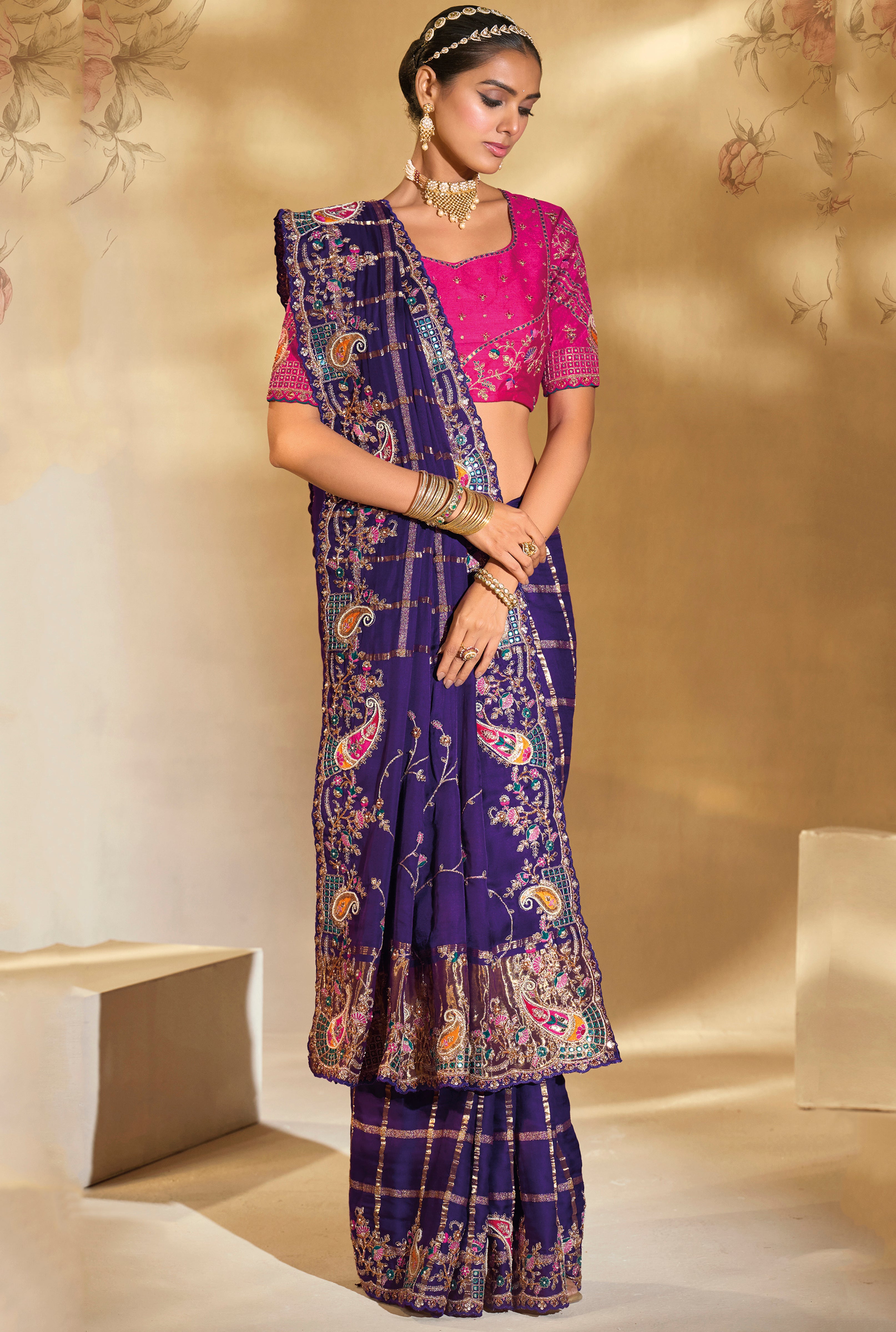 Purple Saree With Jari, Thread, Moti, Cut-Dana With Mirror Heavy Work