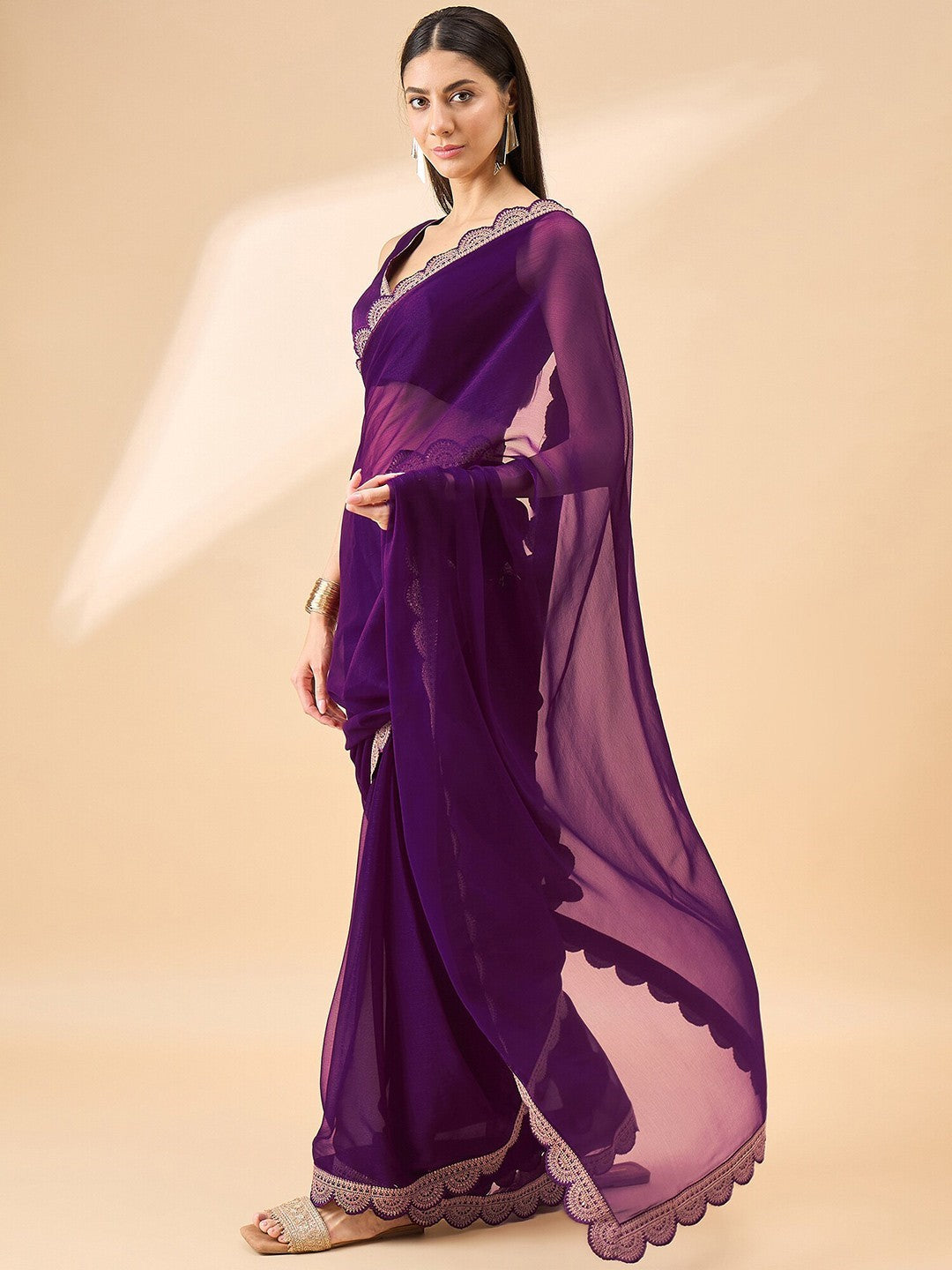 Purple Satin Chiffon Saree With Plain Saree With Embroidery Cut Work Lace