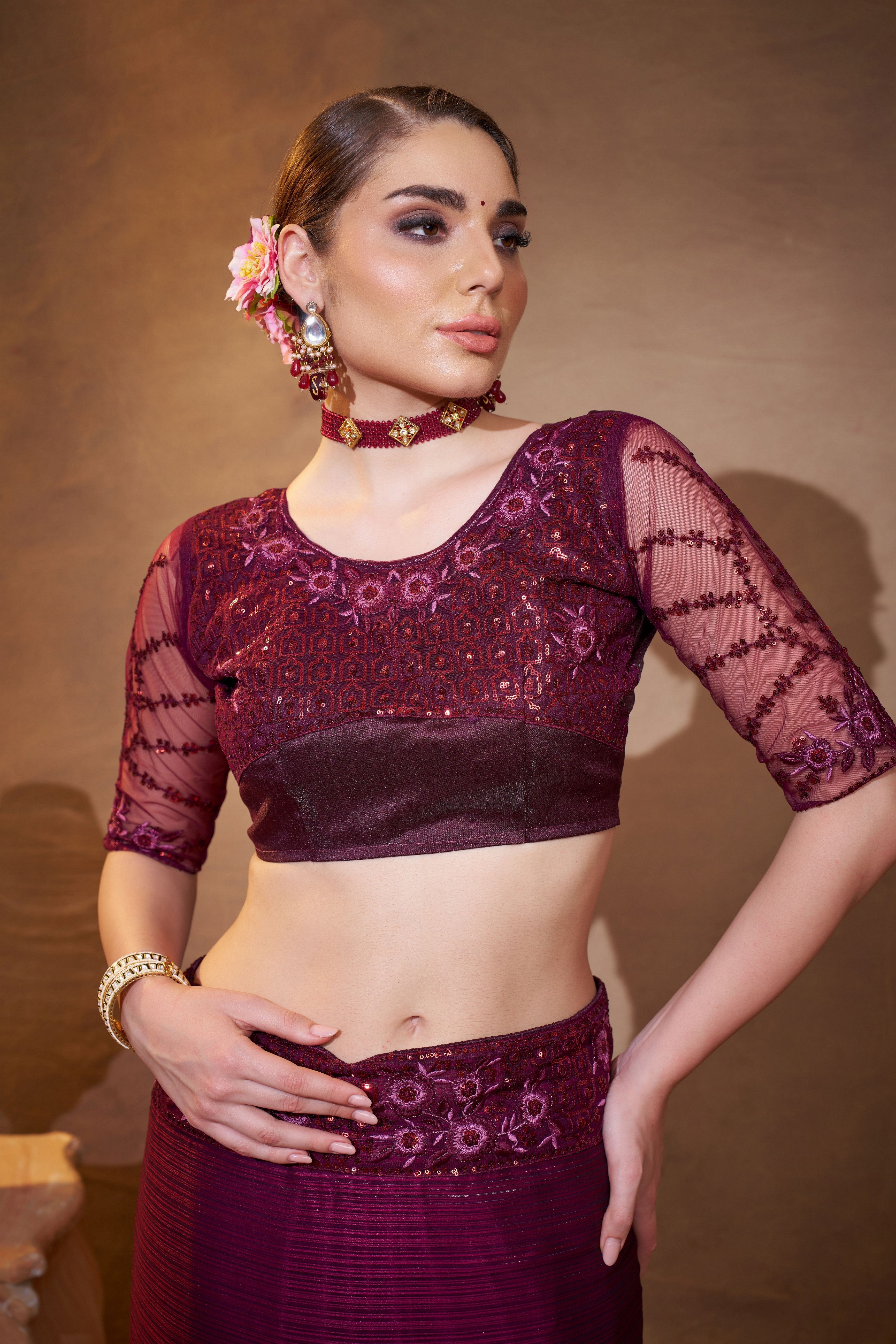 Purple Satin Jacquard Designer Partywear Saree For Rich Indian Looks