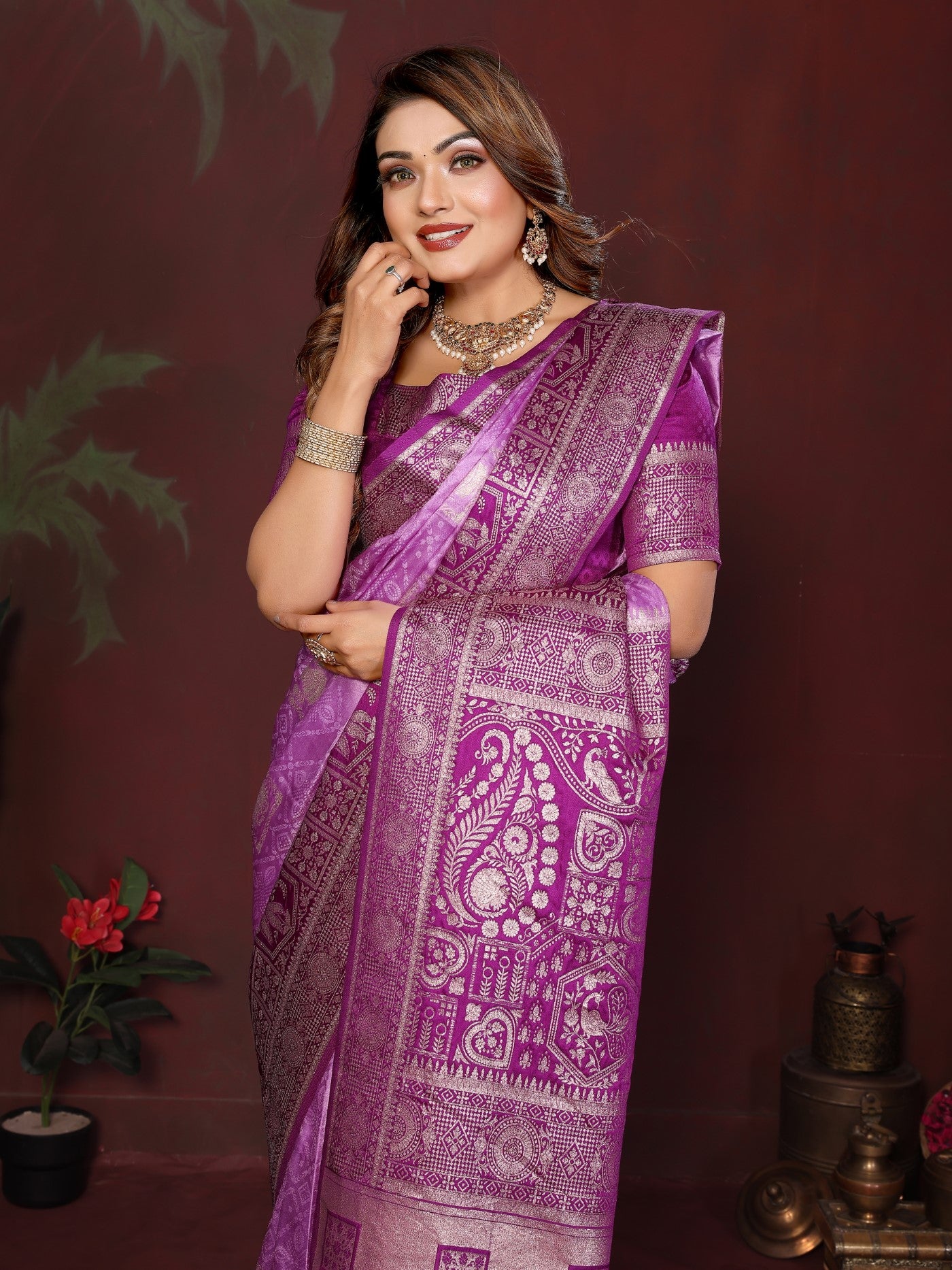 Purple Satin Silk Saree With Premium Zari Butta Designs