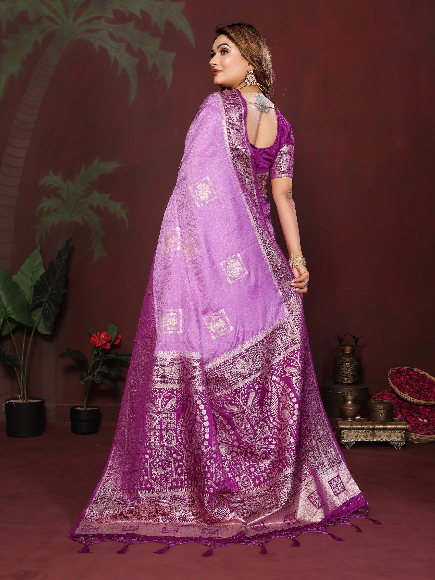 Purple Satin Silk Saree With Premium Zari Butta Designs